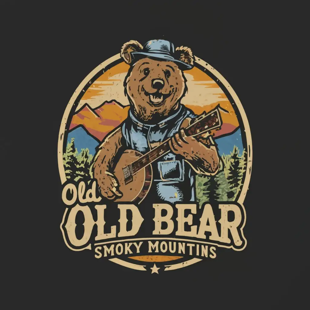 a logo design,with the text "Old Bear Smoky Mountains", main symbol:bear wearing overalls playing banjo with rolling hills and trees in background,complex,be used in Retail industry,clear background