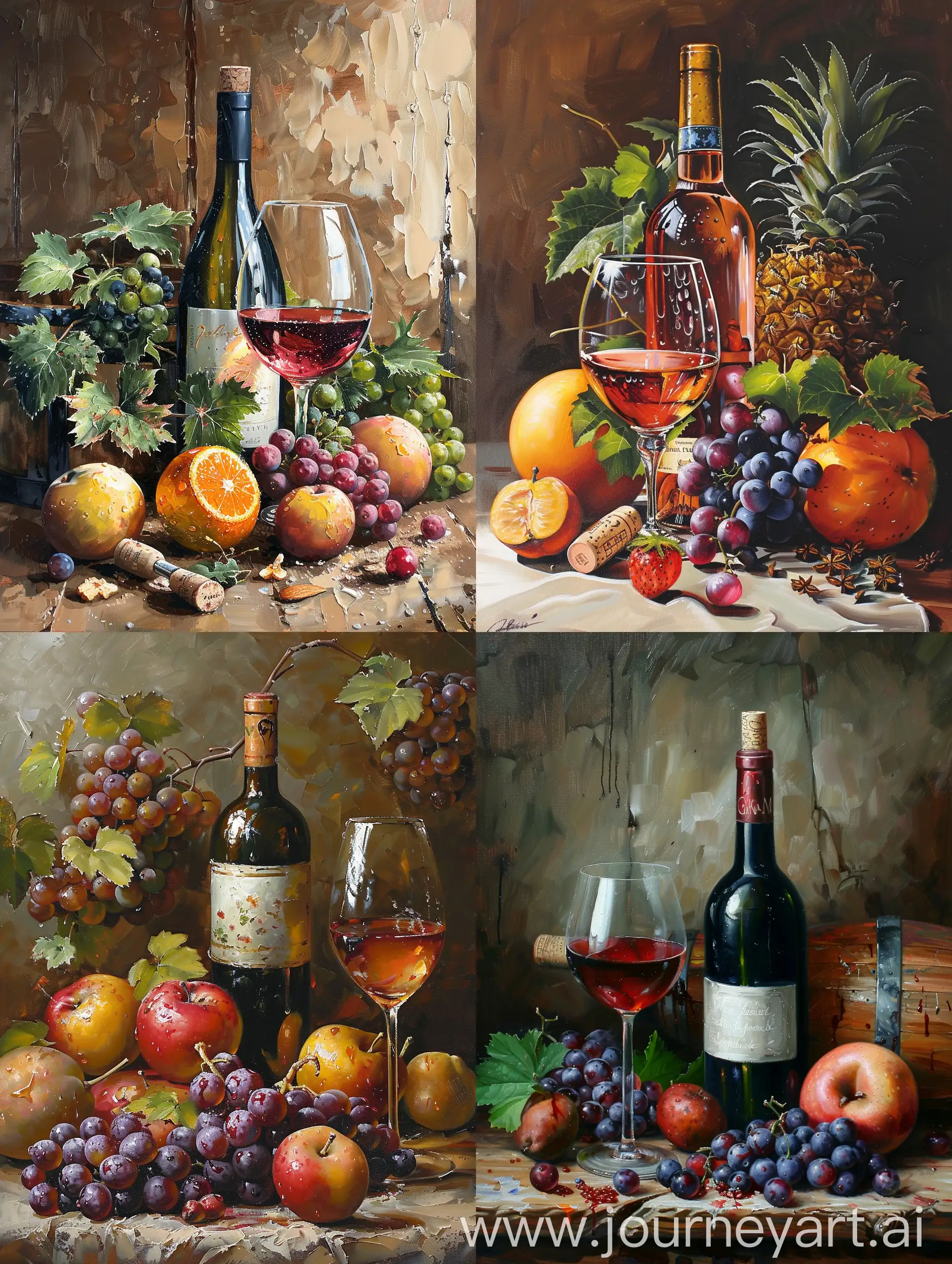 Wine, fruits, realistic oil painting masterpiece