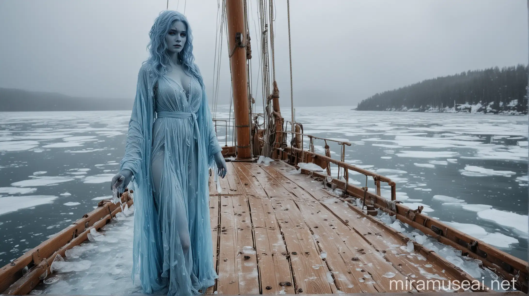 Трёхметровая массивная красивая девушка с синей кожей, в одеяниях изо льда, стоит на деревянной палубе коробля