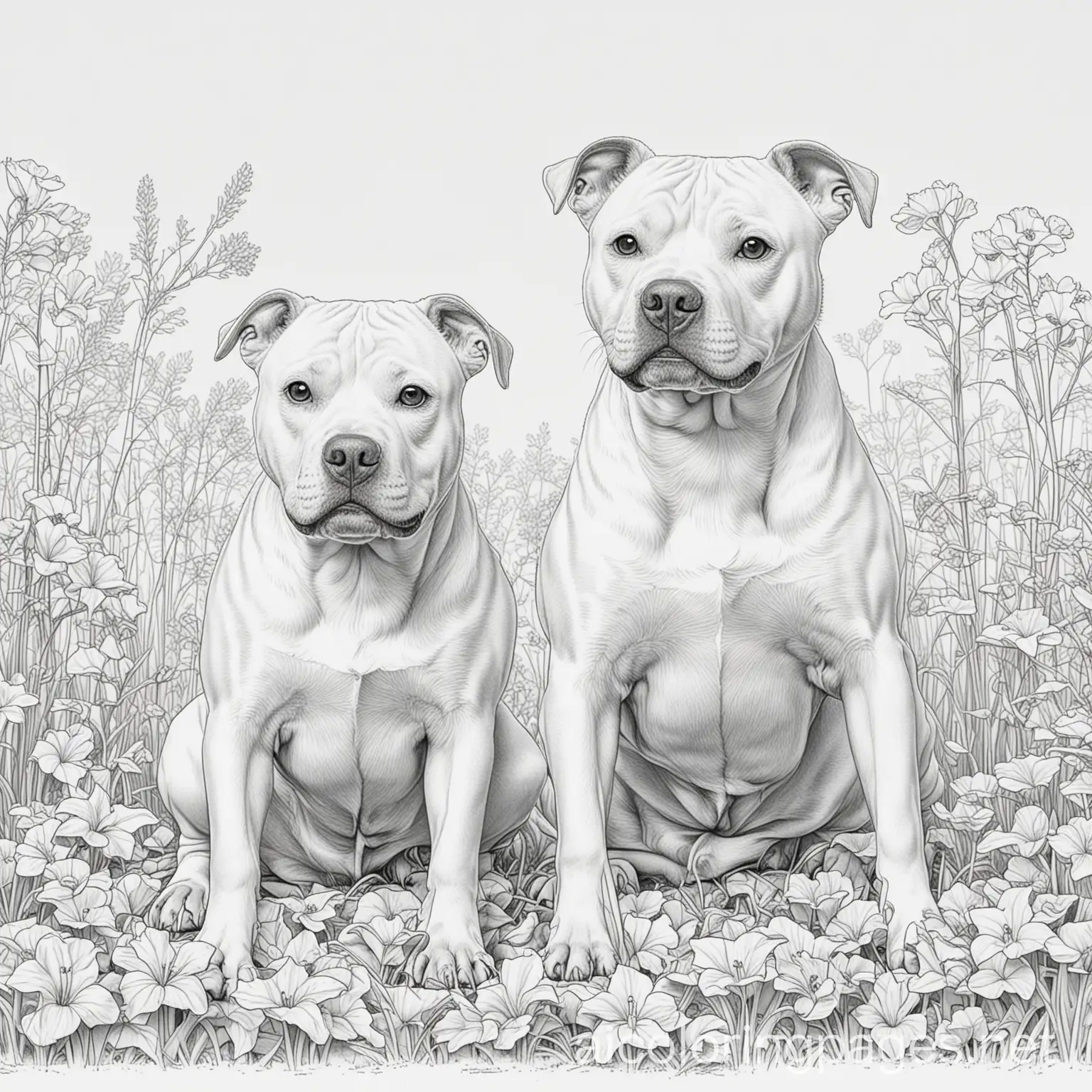 two pittbull dogs playing in the 
spring, Coloring Page, black and white, line art, white background, Simplicity, Ample White Space. The background of the coloring page is plain white to make it easy for young children to color within the lines. The outlines of all the subjects are easy to distinguish, making it simple for kids to color without too much difficulty