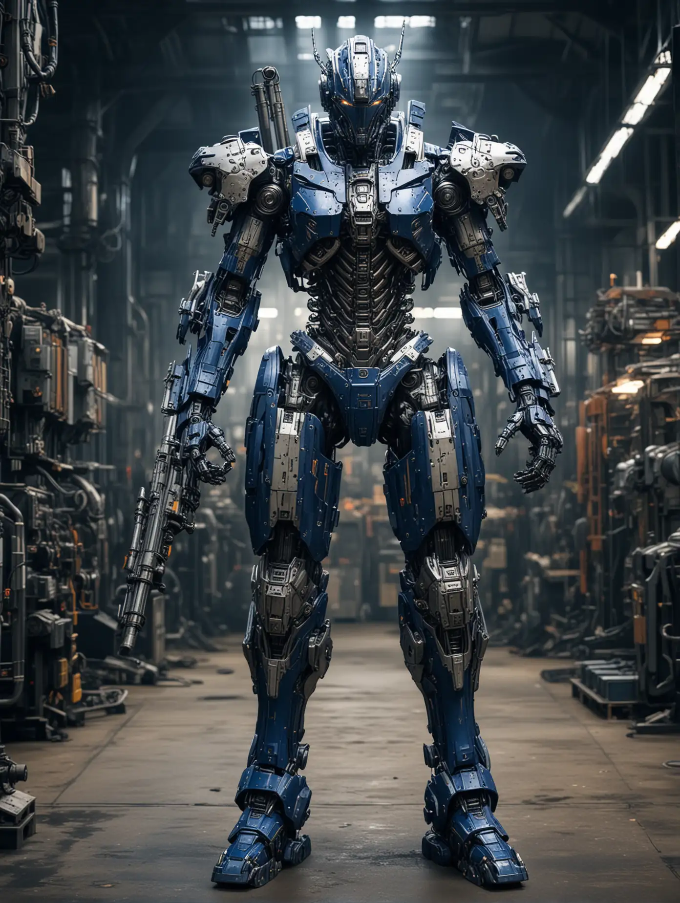 An image of a 10 feet tall mech suit, coloured in dark blue and silver, heavily armed and armoured, chest resembling a ribcage, blades, guns, and small horns, inside a factory, in a detailed cyberpunk like style 