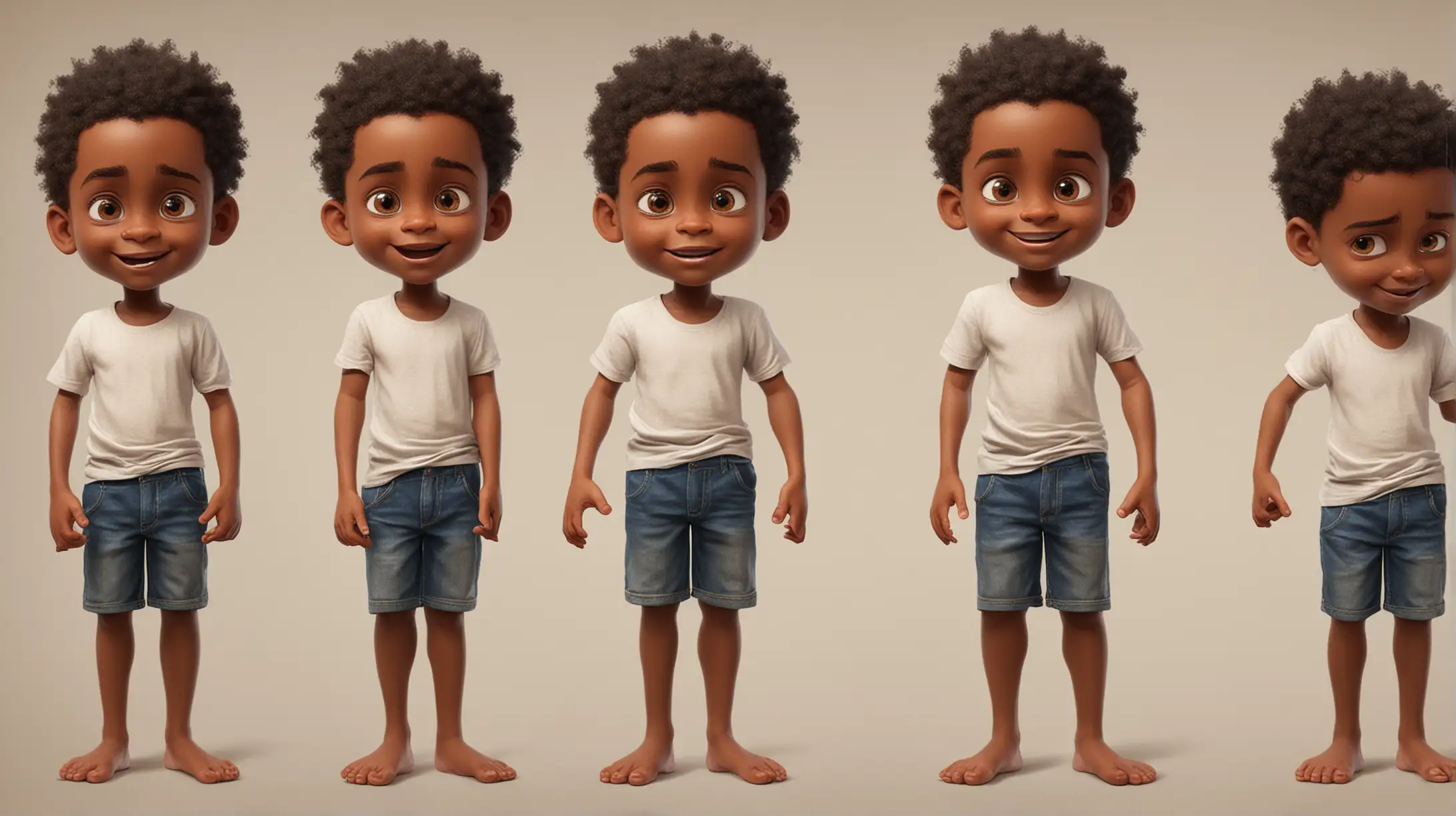 Create a kids book character pack with different facial expressions and different feet and hand gestures of a black African boy aged 5 