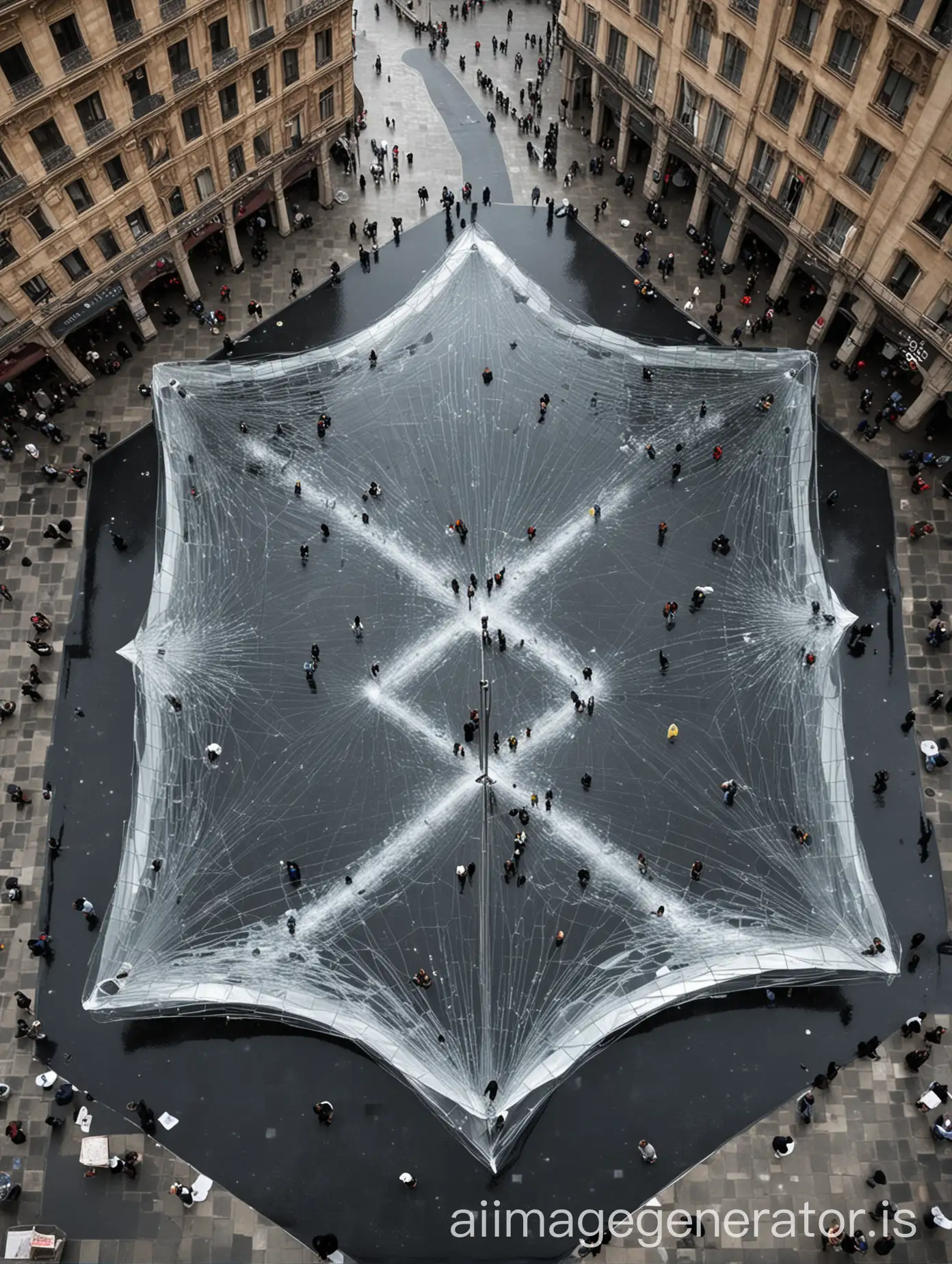 water collecting parametric- structure in the middle of an open square in an urban city people waiting under the structure,