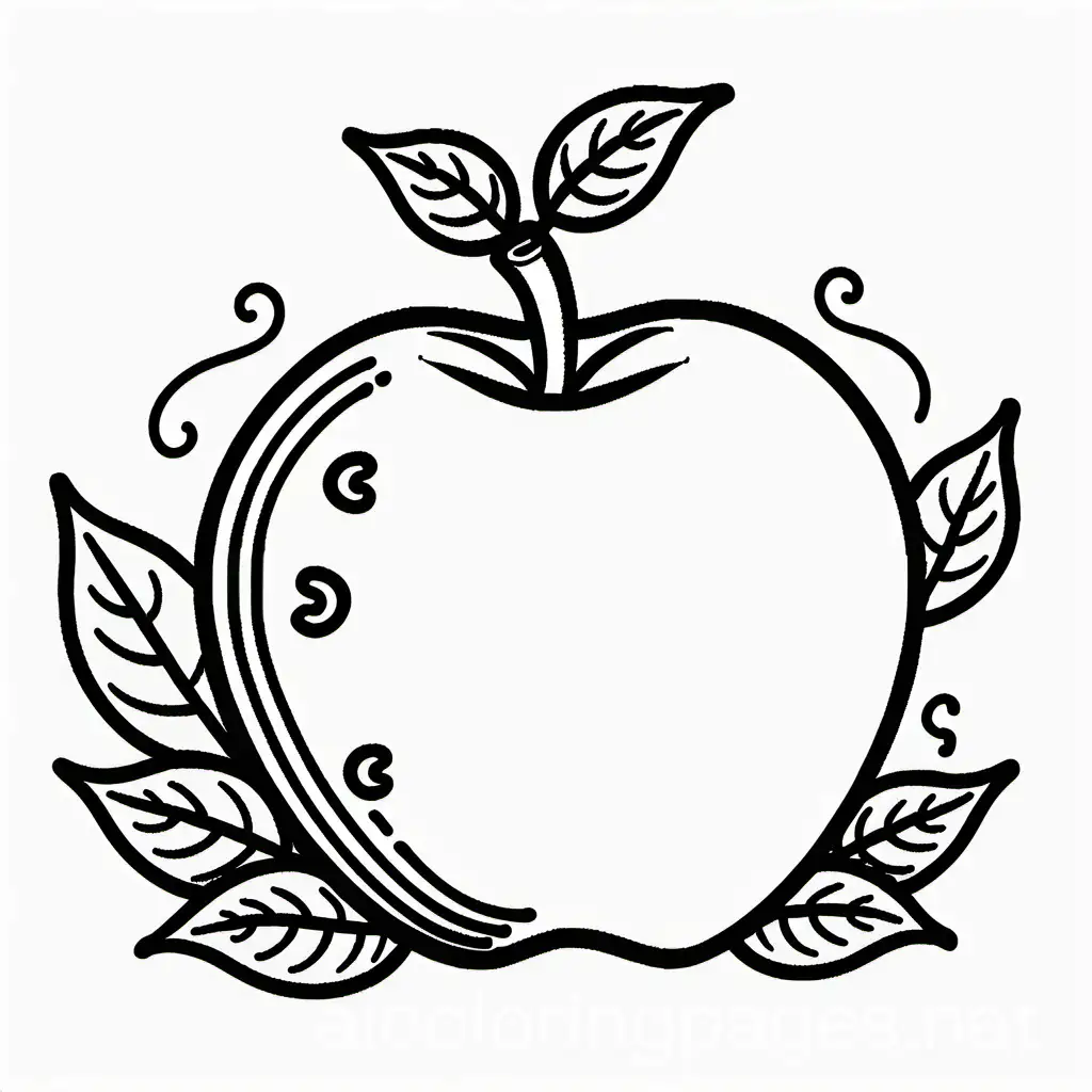 Draw a large, apple. Include leaves and a worm popping out to make it fun., Coloring Page, black and white, line art, white background, Simplicity, Ample White Space.