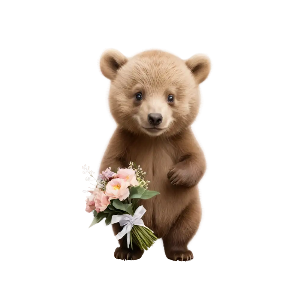 a little bear cub with a bouquet of flowers