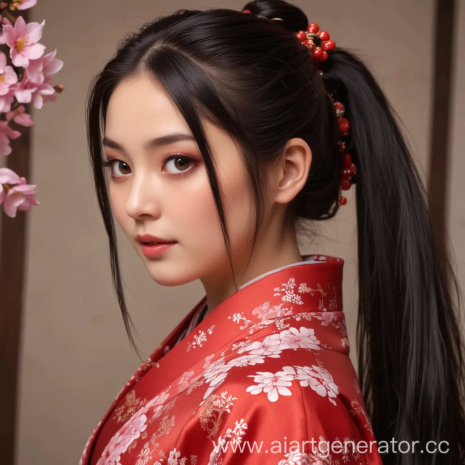 Graceful-Woman-in-Red-Kimono-with-Ponytail-and-Rosy-Eyes