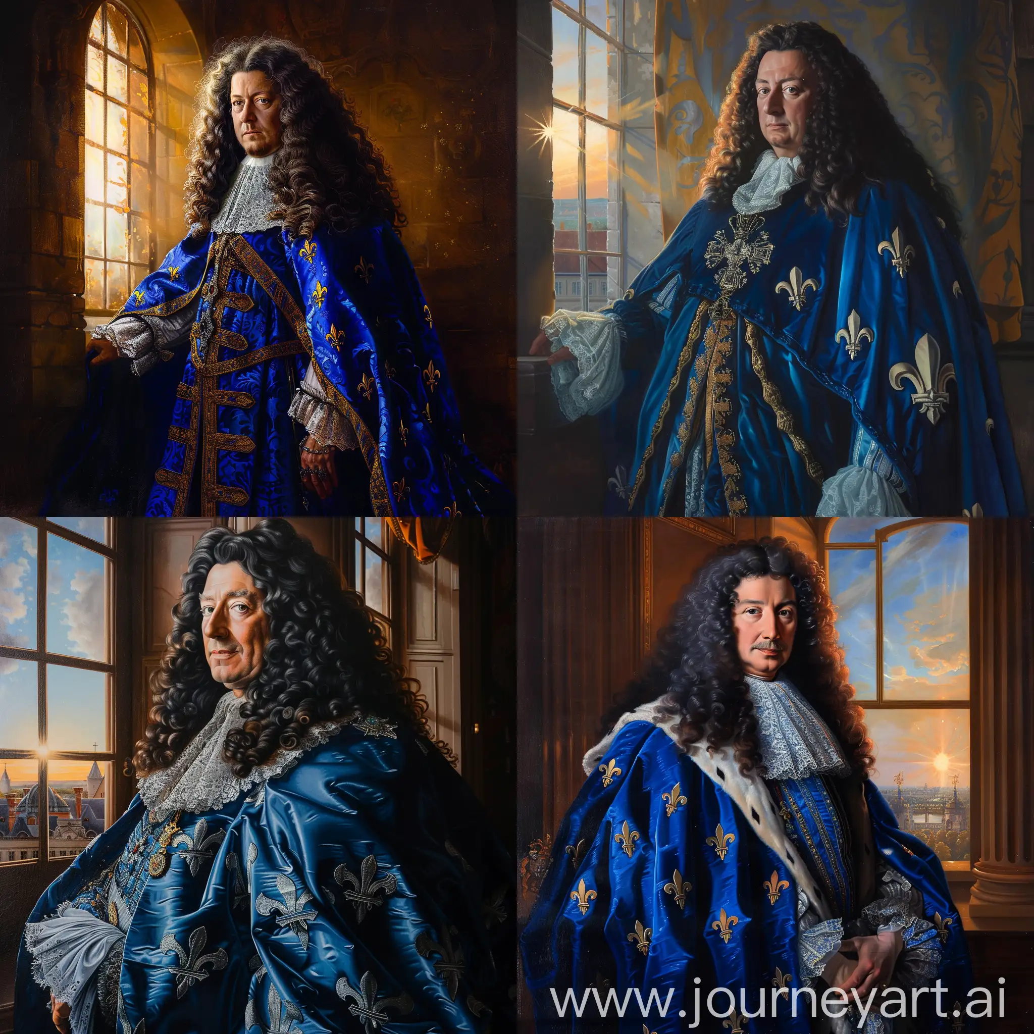 Realistic portrait of Louis XIV, King of France, depicted in luxury robes and long blue cape with 'fleur de lis' pattern, his iconic hair, historical accuracy, there's sun at far sight which seems through the window of palace, art