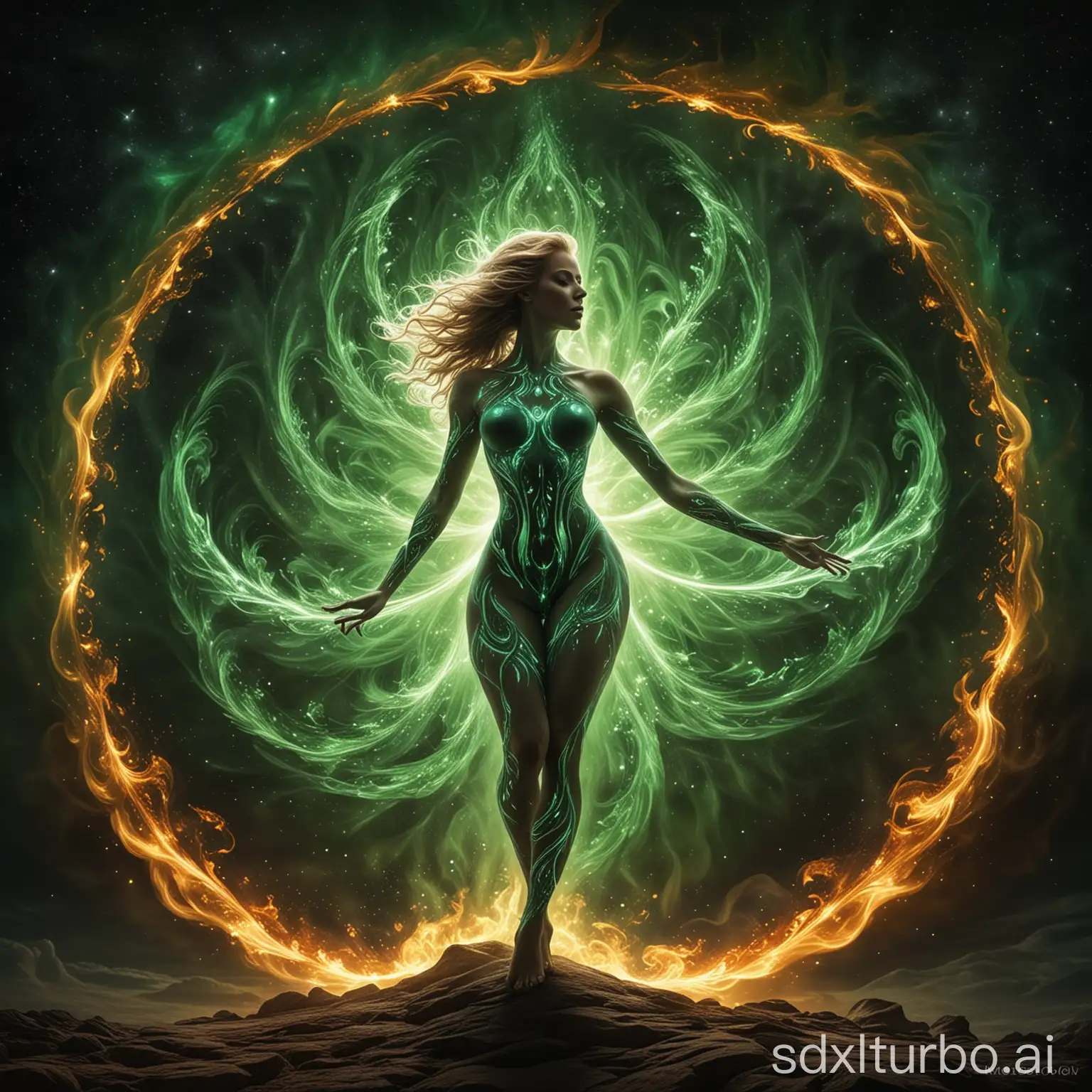 create an image of The cosmic dancer in 'Fractal Flames', encircled by the aurora green mesmerizing, complex, and polaris white self-similar patterns of fire, with a dance of light, heat, and energy.  Fiery Flames, Glowwave