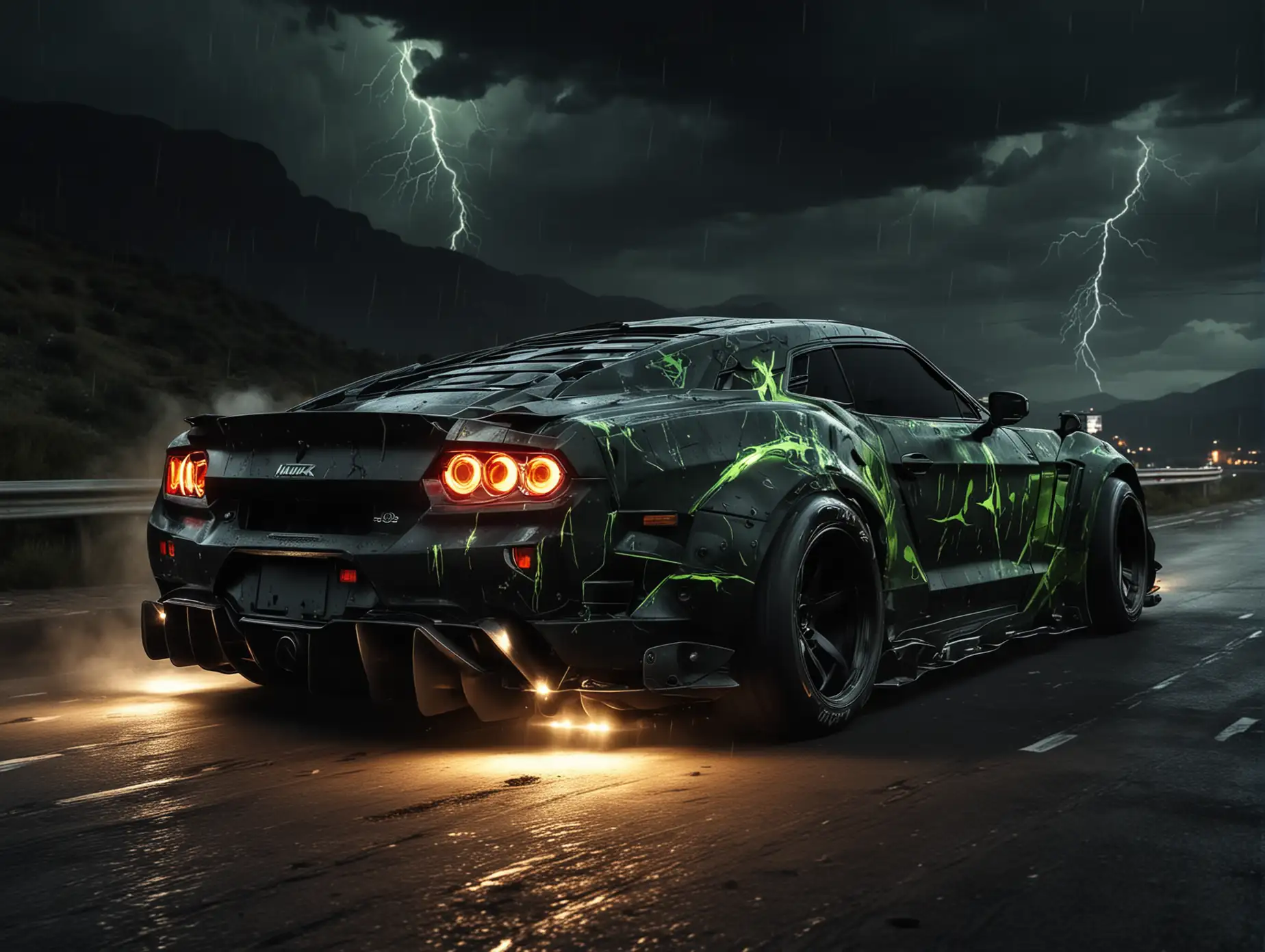 Create sport futuristic cars from  hulk evil tuning drifting  at night on Downhill  rear view from far away   Lightning marks  car color black dark