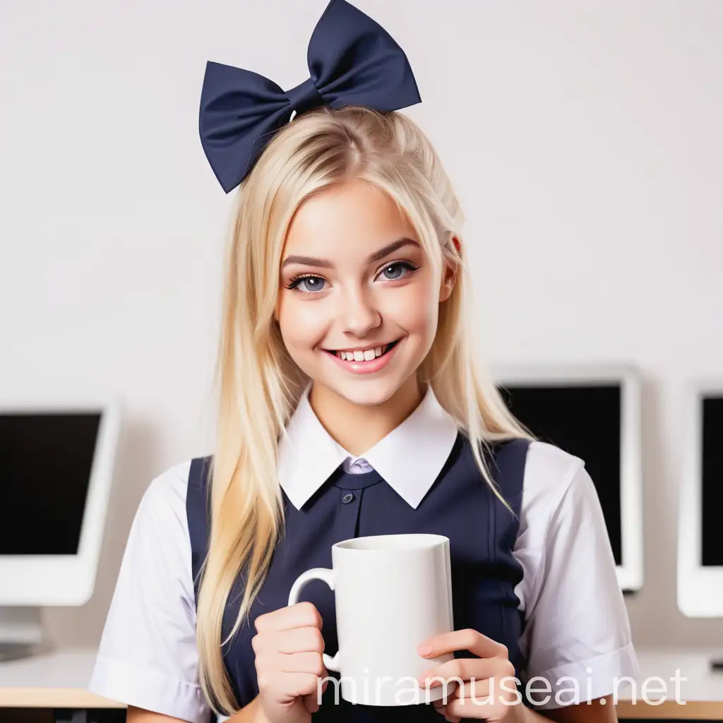 beautiful sexy blonde female student in school uniform with bows smiling with square white mug on white background