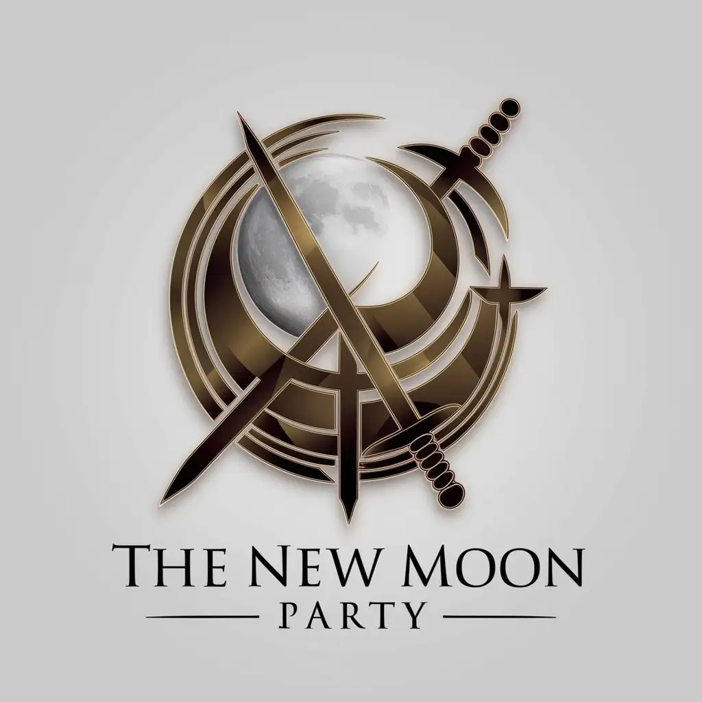 a logo design,with the text "The new moon party", main symbol:New moon，sickle，The sword,complex,be used in Religious industry,clear background