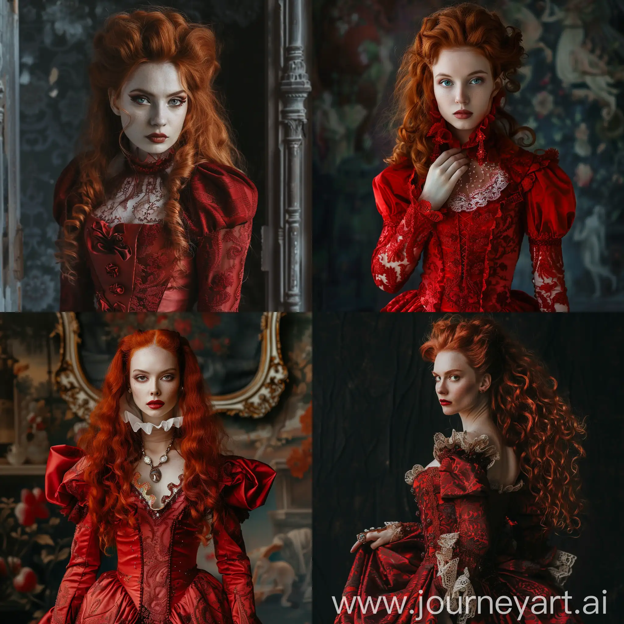 рыжая вампирша в красном платье в стиле барокко