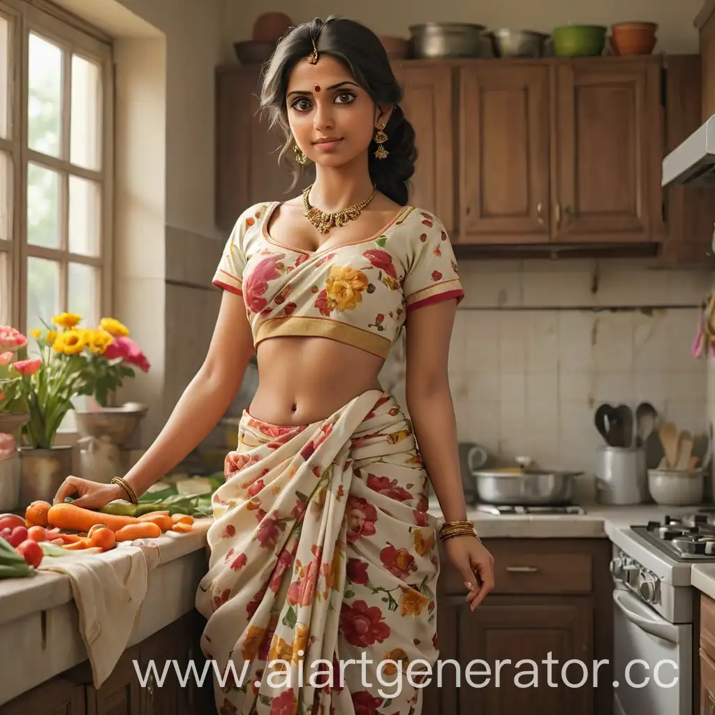 A thick Indian housewife Standing at kitchen, cutting the vegetables, gently protrudes beneath the fabric, She is wearing a short supportless choli that gently hugs her curves, and low waist dhoti, reflecting the vibrant colors of the blooming flowers that surround her. Her eyes are sparkling, her lips parted ever so slightly, as she exhales a contented sigh,
