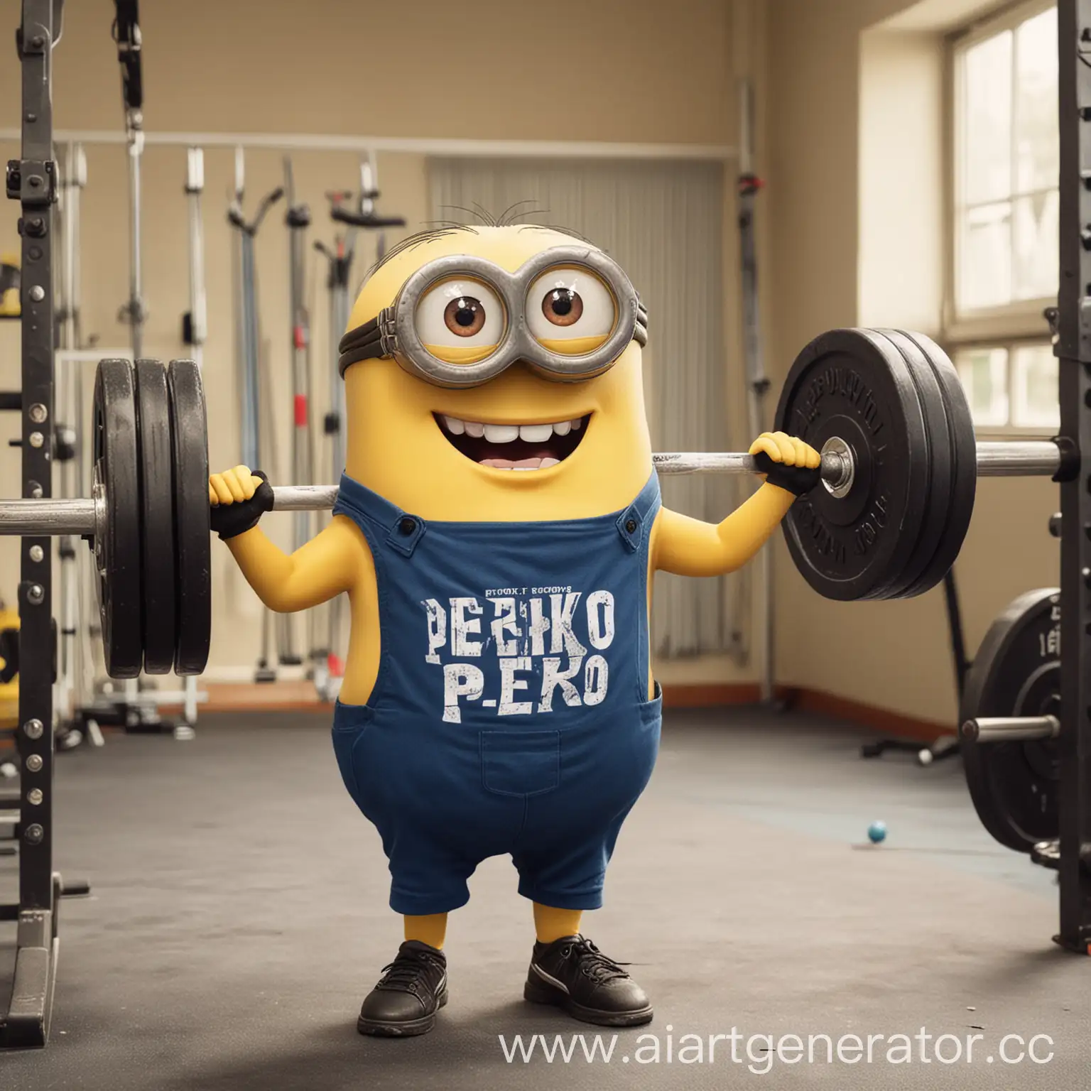 Minion-Working-Out-in-a-Sports-Hall-with-Perko-Logo-Tshirt