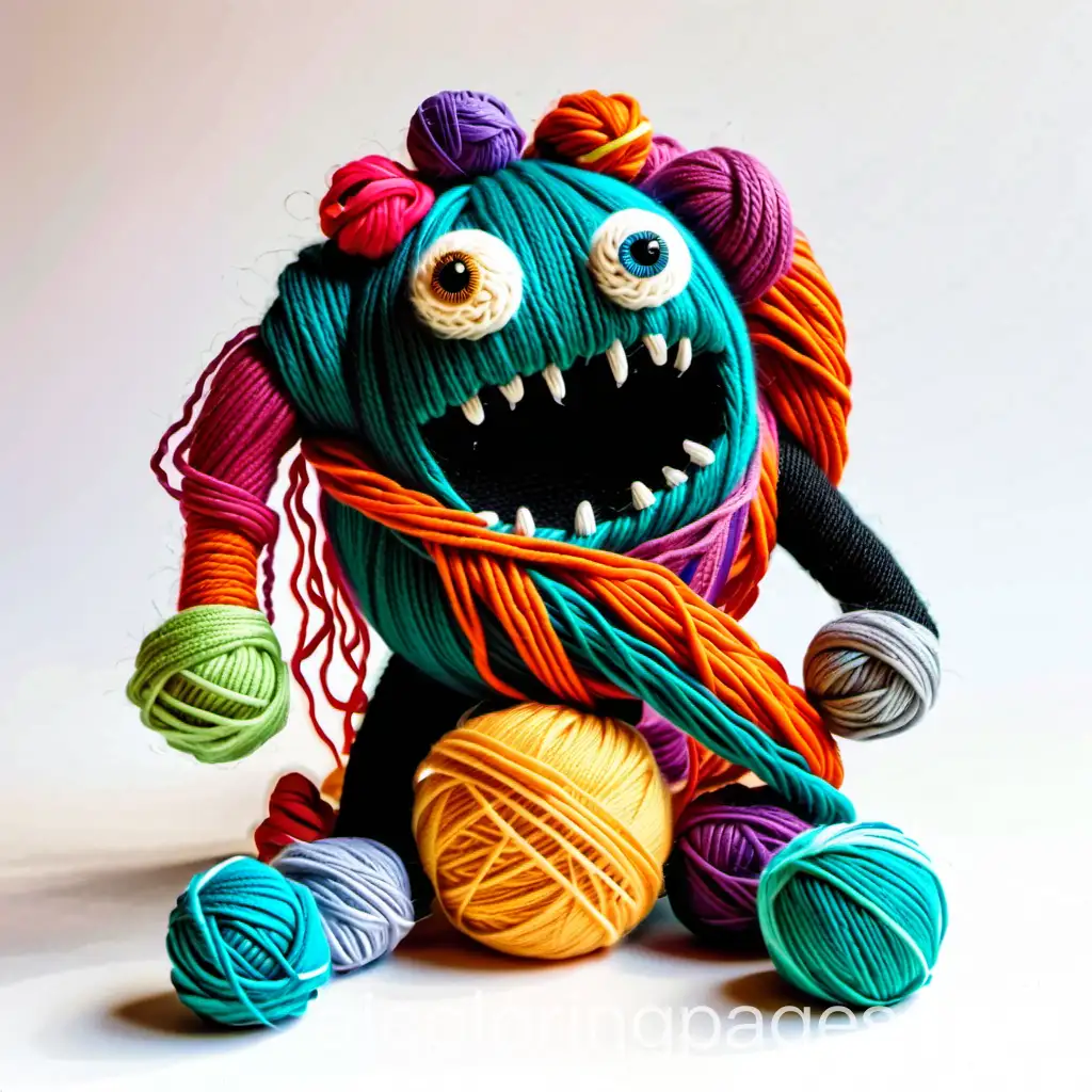 a playful monster made entirely out of tangled yarn and ripped-out knitting. The monster is depicted with a mischievous grin on its face, its eyes wide with excitement. Its body is a jumble of colorful yarn strands, knotted and twisted in various directions. The monster's arms are extended, each one composed of different types of yarn, some fuzzy, some smooth, all tangled together. Around the monster, there are scattered balls of yarn, knitting needles, and scraps of unraveled knitting projects, adding to the chaos., Coloring Page, black and white, line art, white background, Simplicity, Ample White Space