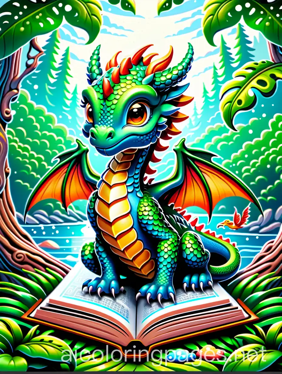 cute baby dragon book cover design  for a Coloring Pages book for kids, full colored Mark Brooks and Dan Mumford, comic book art, perfect, smooth in Gouache Style, Watercolor, Museum Epic Impressionist Maximalist Masterpiece, Thick Brush Strokes, Impasto Gouache, thick layers of gouache watercolors textured on Canvas, 8k Resolution, Matte Painting, Coloring Page, black and white, line art, white background, Simplicity, Ample White Space