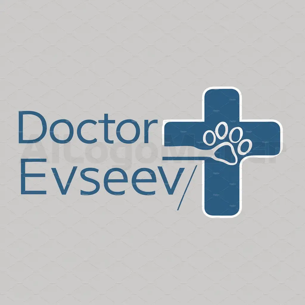 a logo design,with the text "Doctor Evseev", main symbol:blue medical cross inside it trace of dog's paw,Moderate,clear background