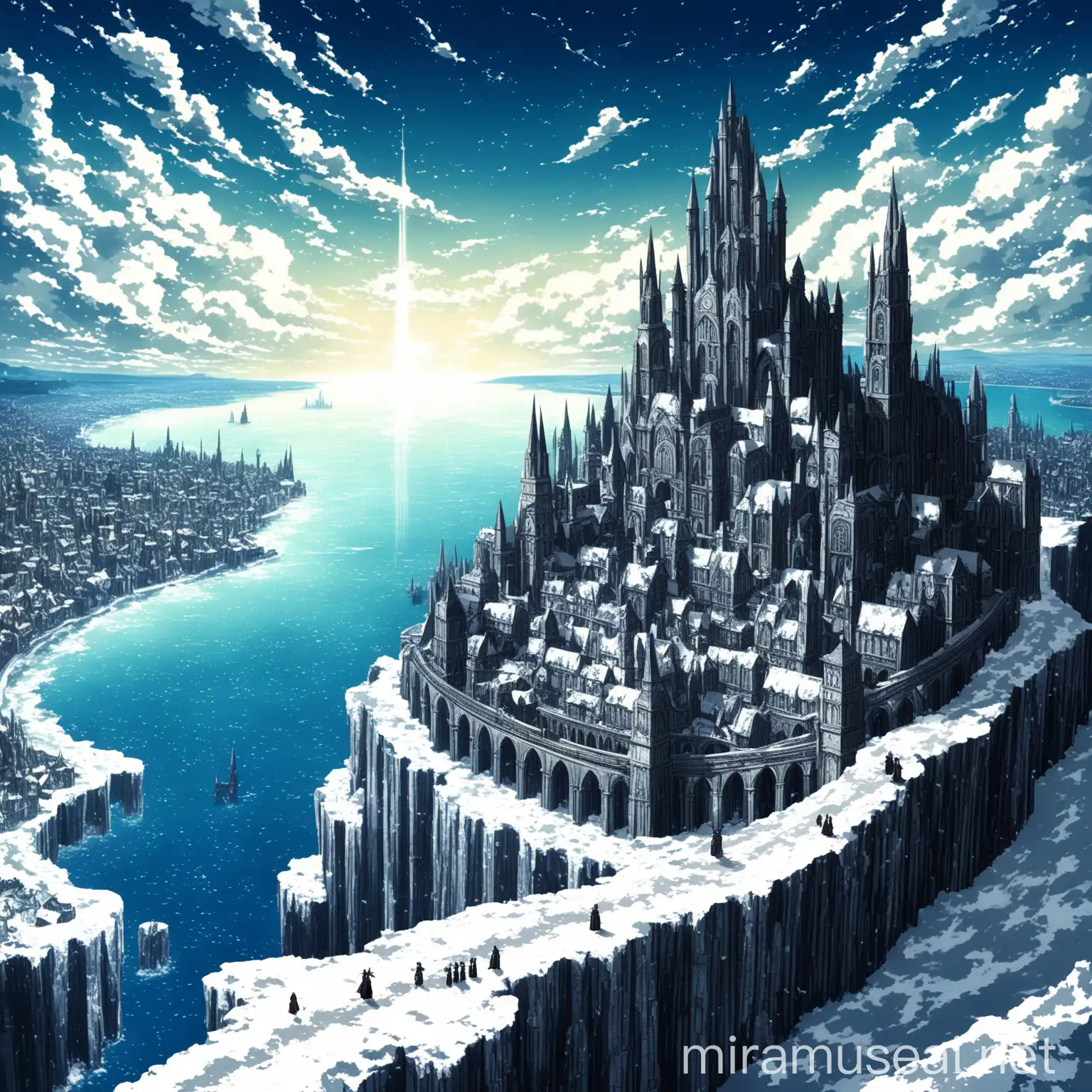 a fantasy gothic city on a promontory facing a infinite sea, there is a snow on the coast. There is a Magic academy on the highest point of the city, in anime

