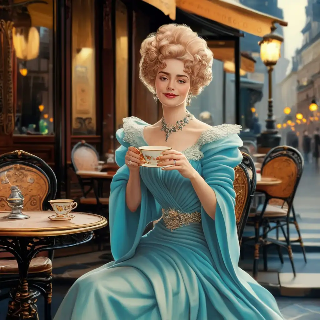 A vintage-style illustration of a woman wearing a flowing dress in a Parisian café.