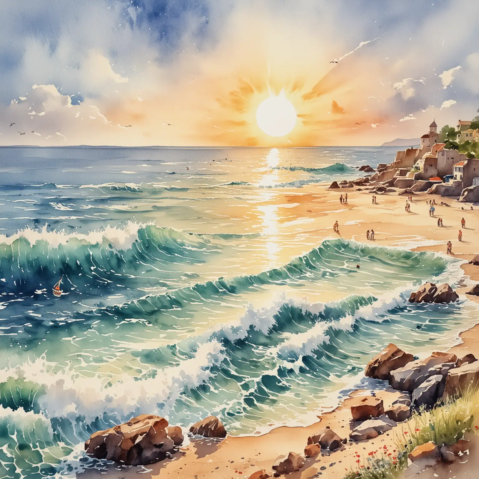 Summer Scene Sunlit Beach in Watercolor