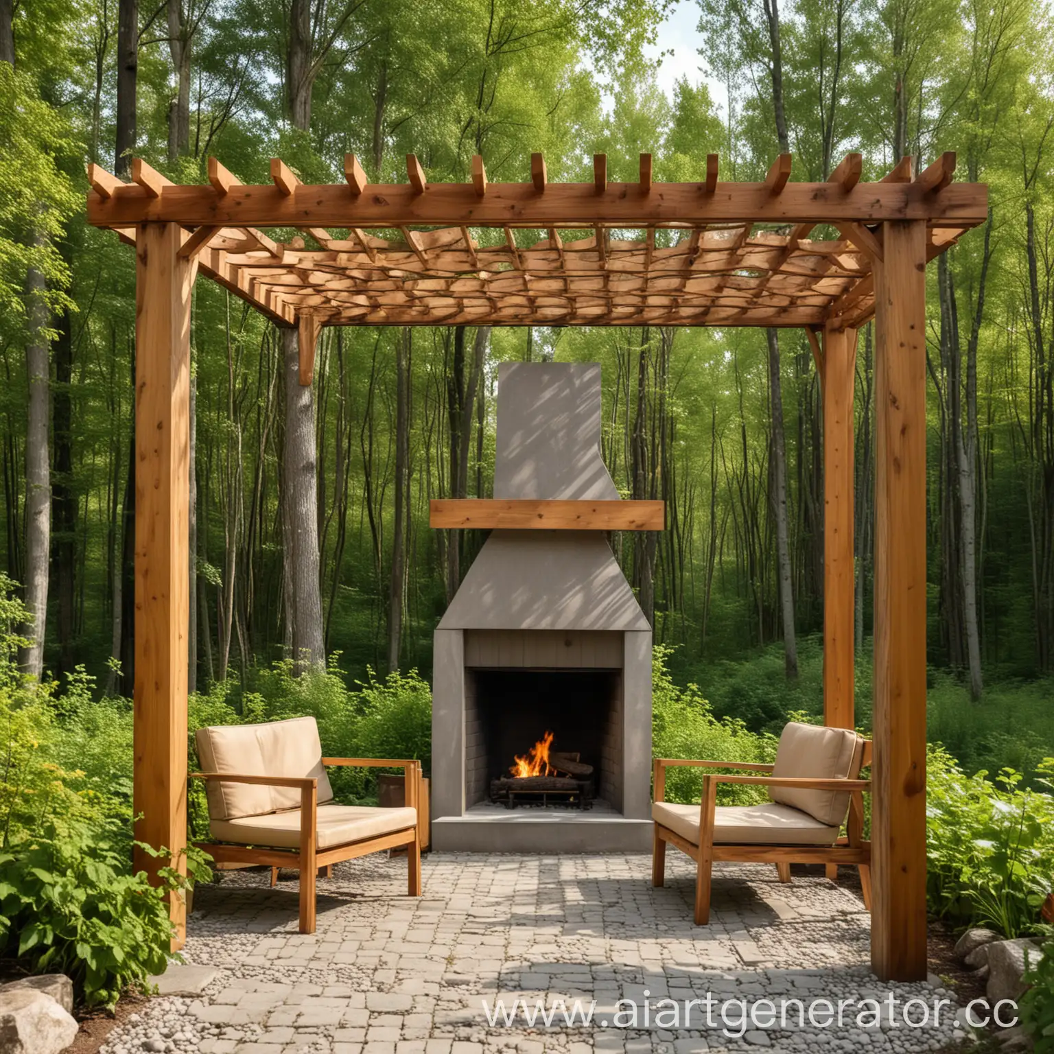 Modern-Wooden-Arbor-with-Fireplace-and-Forest-Background