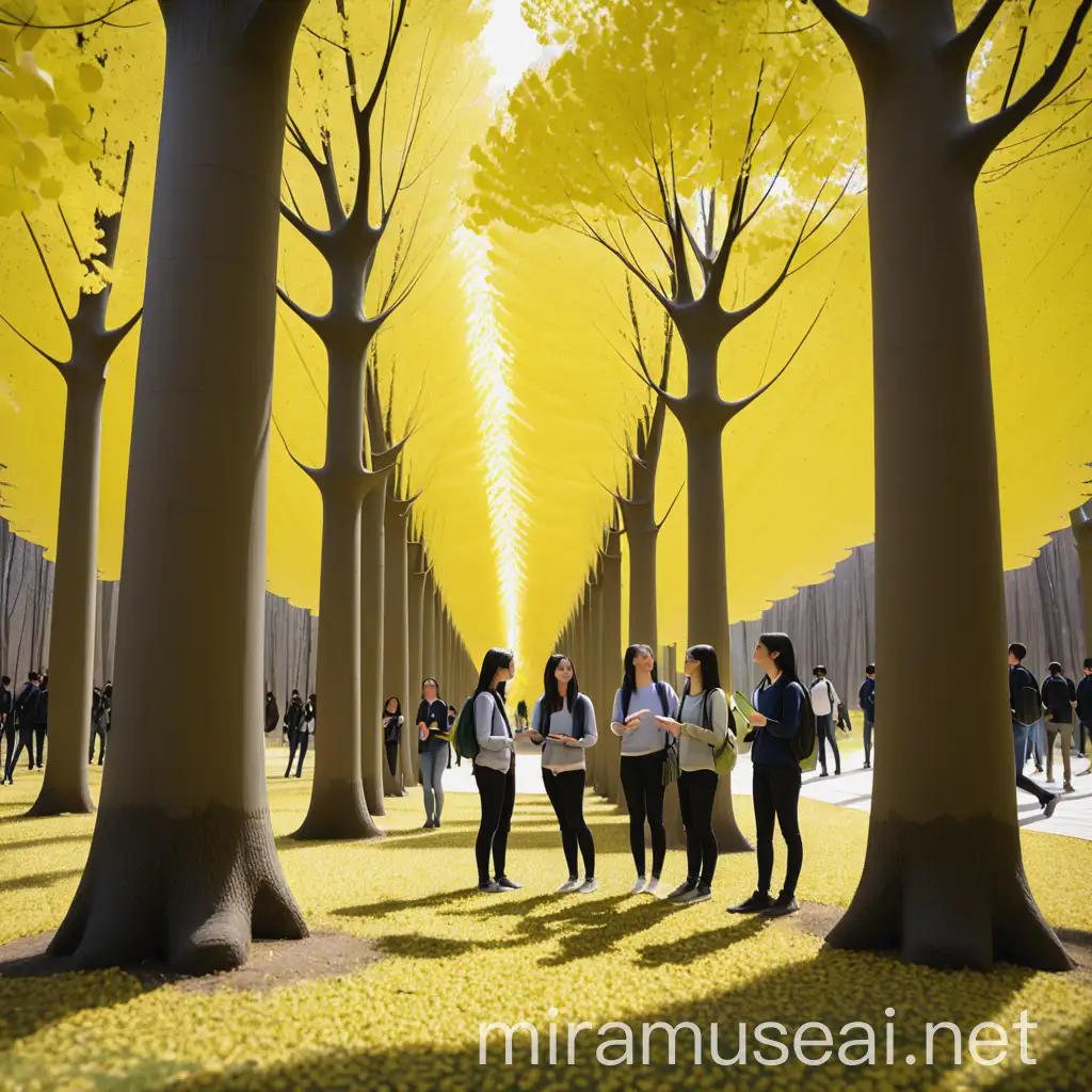 Students Conversing in a Ginkgo Tree Forest