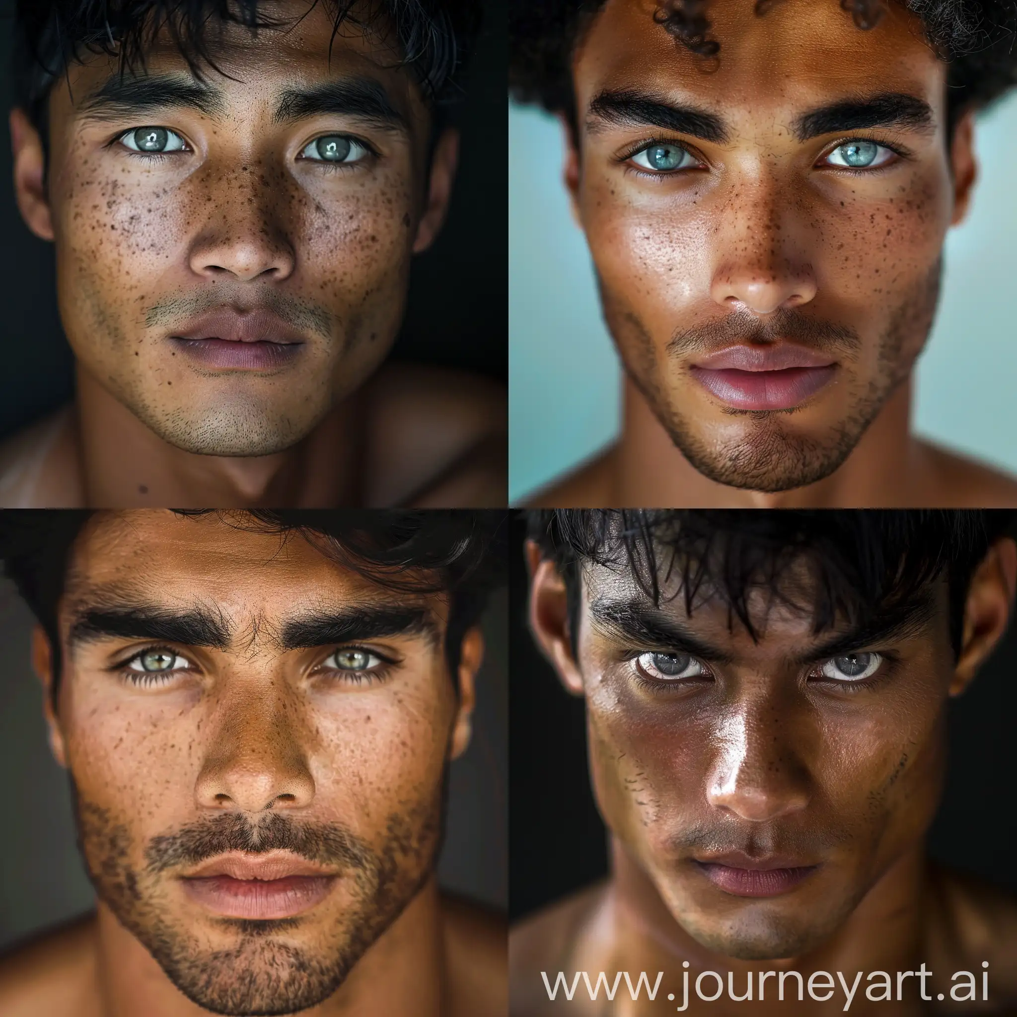 Man with tan skin and grey eyes and black hair