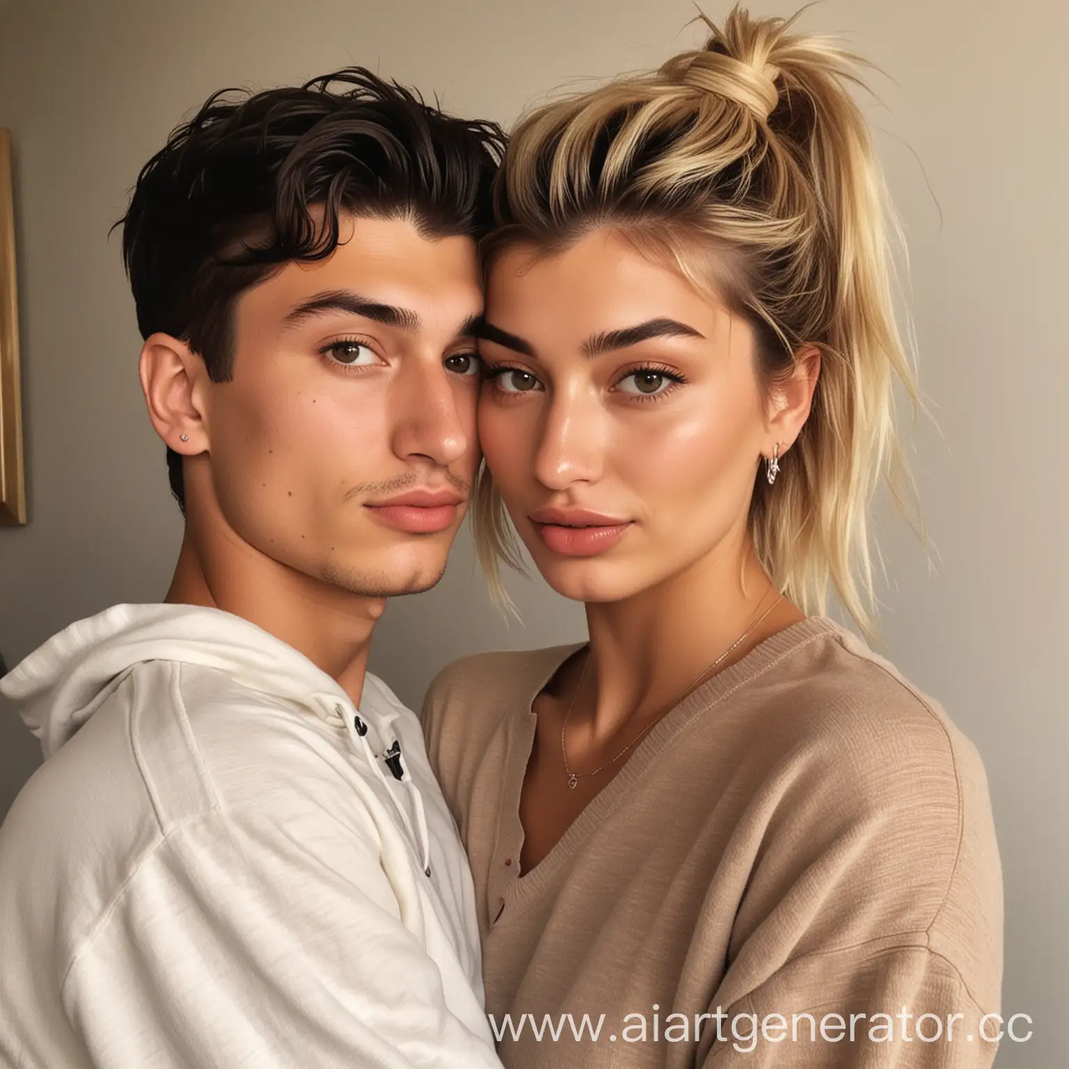A breathtakingly realistic selfie of Hailey Baldwin, hugs a young boy. The boy, who appears to be around 18 years old, boy has dark hair and his hair is combed back and Hailey kiss his cheek,