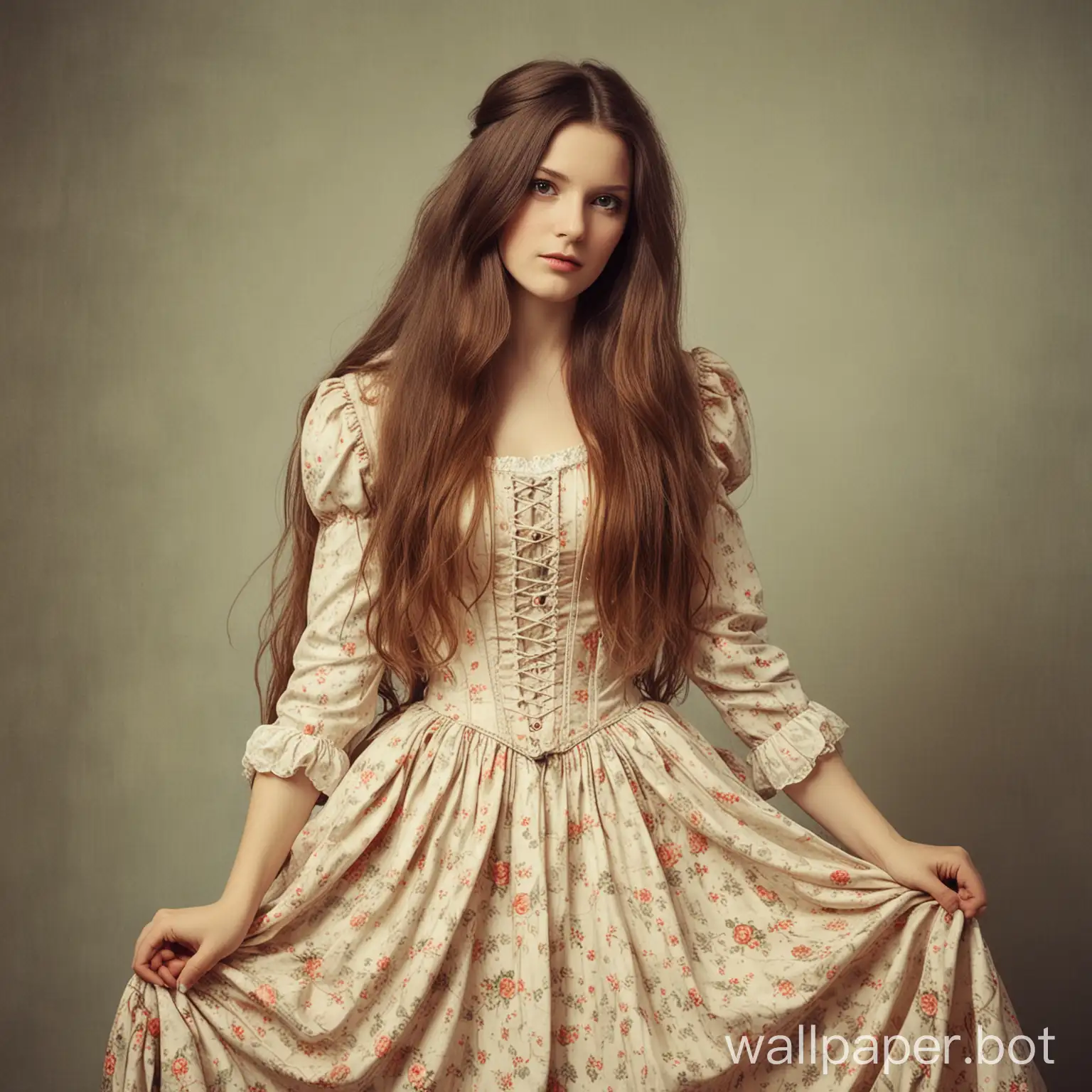 Female maiden, huge dress, long hair, vintage style,