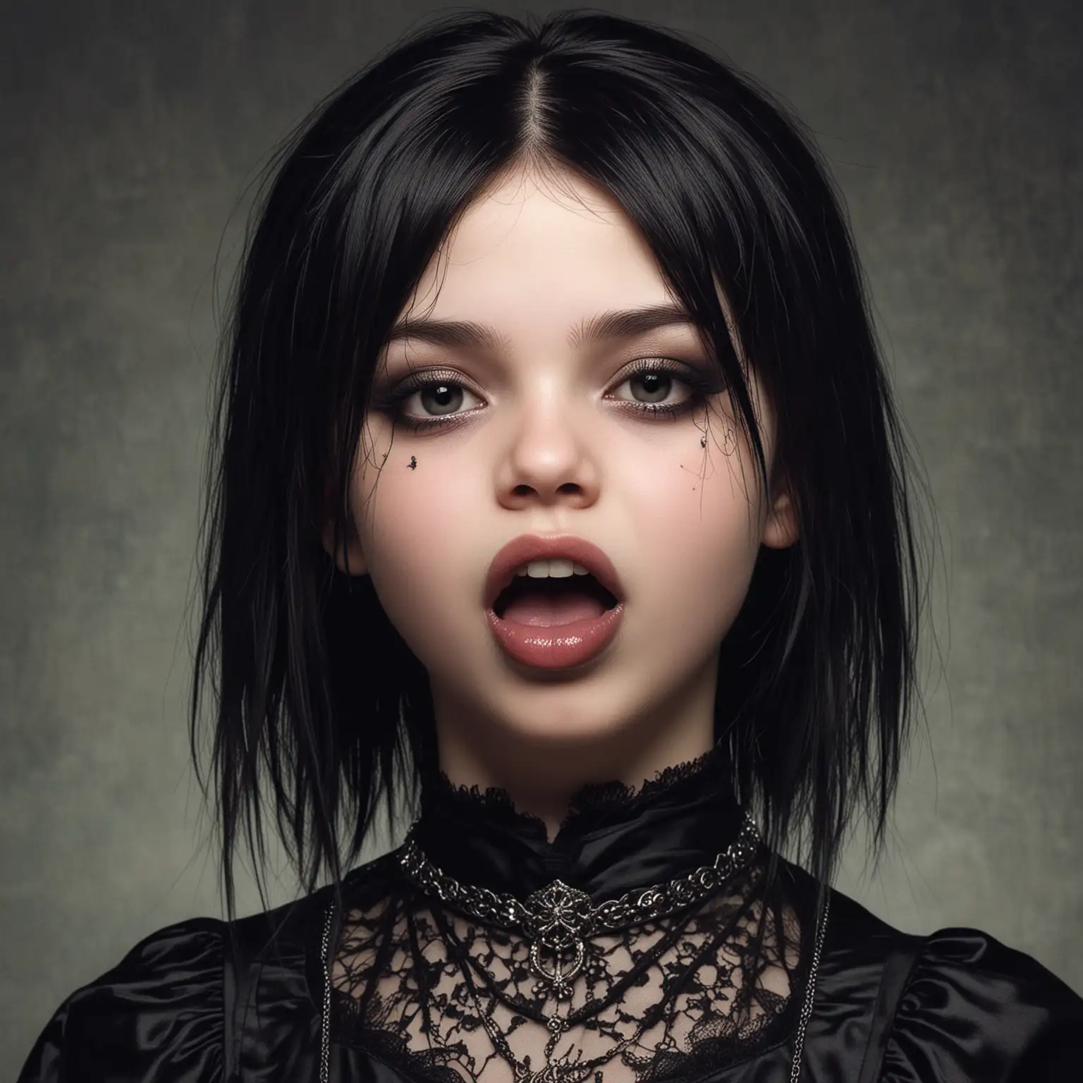 9 year old goth princess, "mouth closed", tongue out, full profile