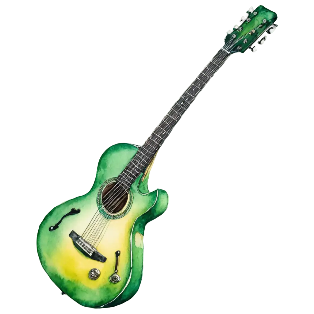 PNG-Image-of-Guitar-with-Green-Line-Watercolor-Style-Rotated-75-Degrees-to-the-Right