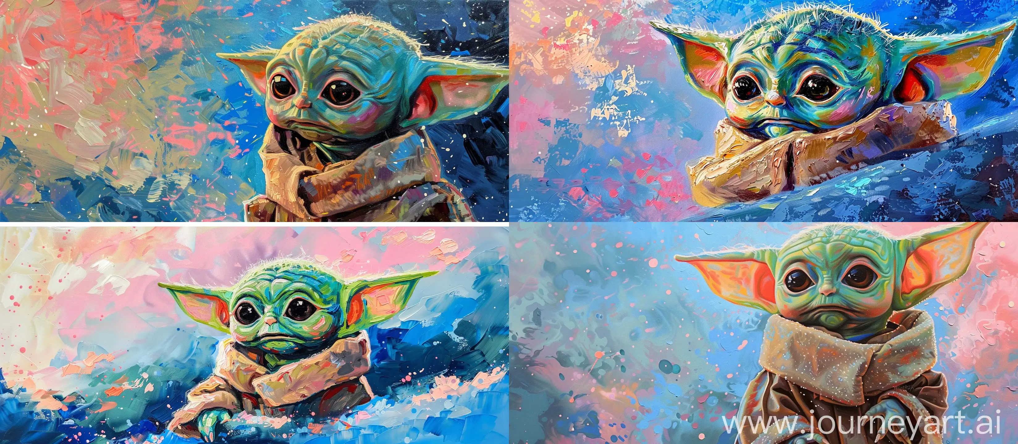 oil painting of baby yoda in van gogh style with soft vibrant pastel colors with blue and pink background --ar 16:7