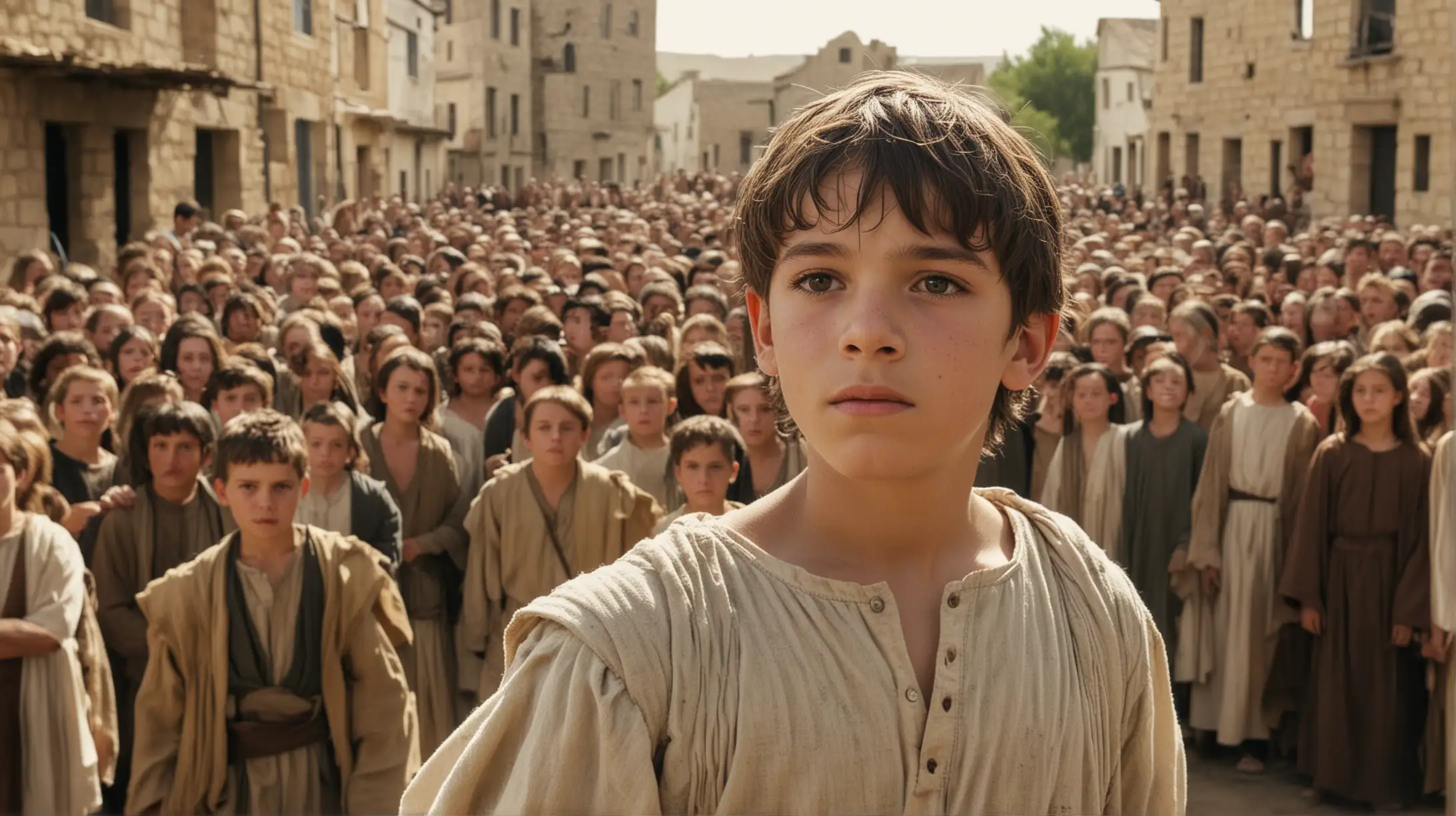 a 12 year old boy in front of a crowd in a town. Set during the biblical era of Elijah.