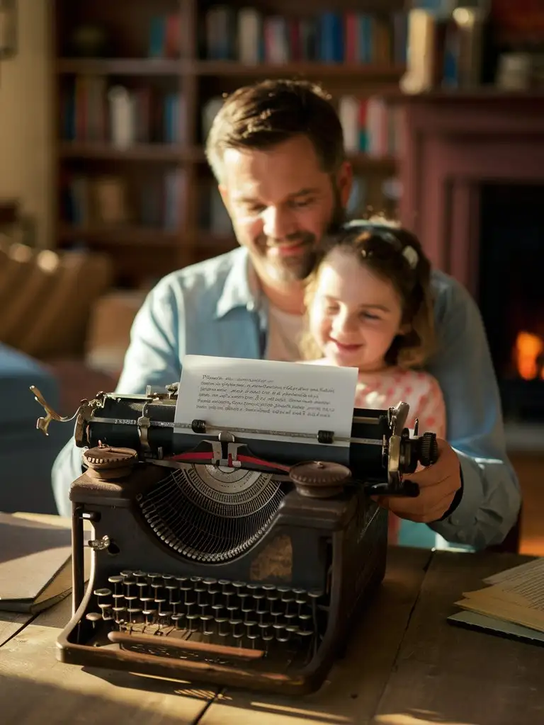 Father Typing Message to Daughter on Vintage Typewriter