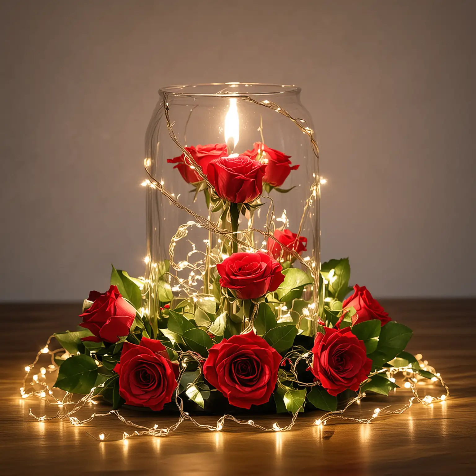 simple DIY elegant centerpiece with red roses and fairy lights