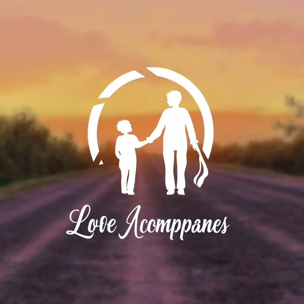 a logo design,with the text "Love accompanies", main symbol:Elderly, children, silhouette, dusk, holding hands, road,Moderate,be used in Education industry,clear background