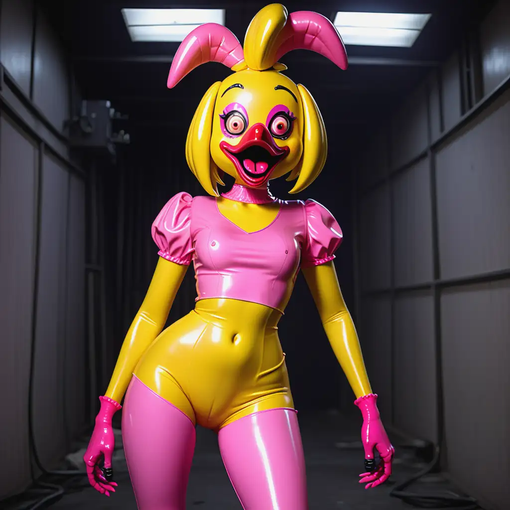 Latex-Girl-Cosplaying-Toy-Chica-Shiny-Yellow-Skin-and-Pink-Rubber-Pants