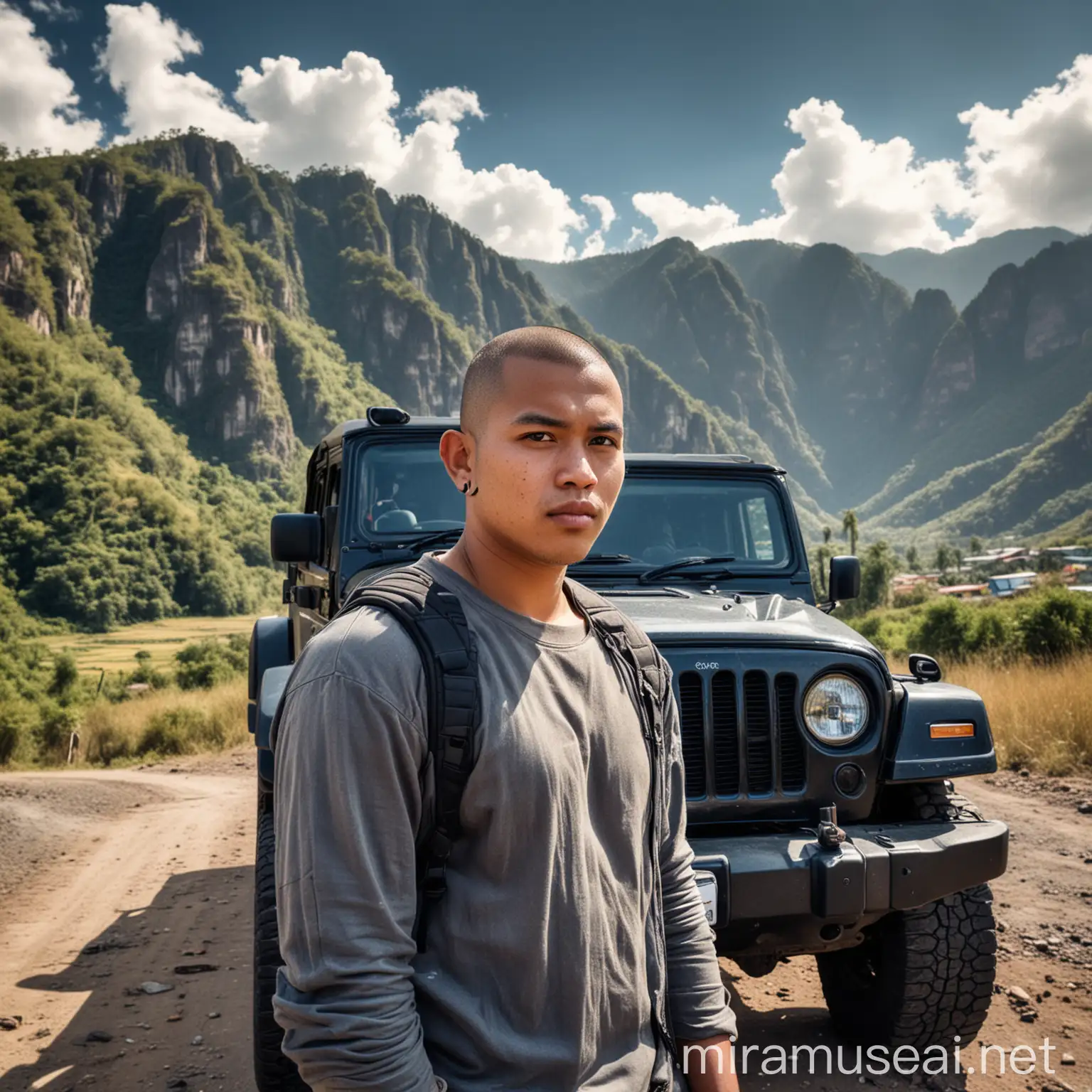Pria Indonesia, chubby, buzz cut, wajah terlihat jelas menatap camera, Berkemeja Abu-Abu Berdiri di Dekat Jeep Hitam Di Tengah Pemandangan Gunung HDR extreme