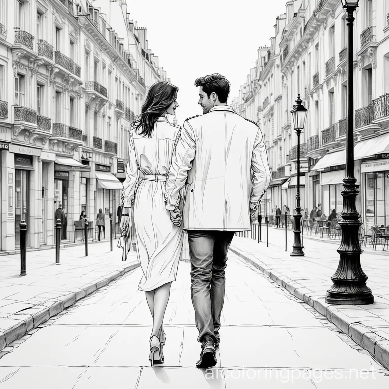 modern man and women  in love holding hands walking together in paris, Coloring Page, black and white, line art, white background, Simplicity, Ample White Space. The background of the coloring page is plain white to make it easy for young children to color within the lines. The outlines of all the subjects are easy to distinguish, making it simple for kids to color without too much difficulty