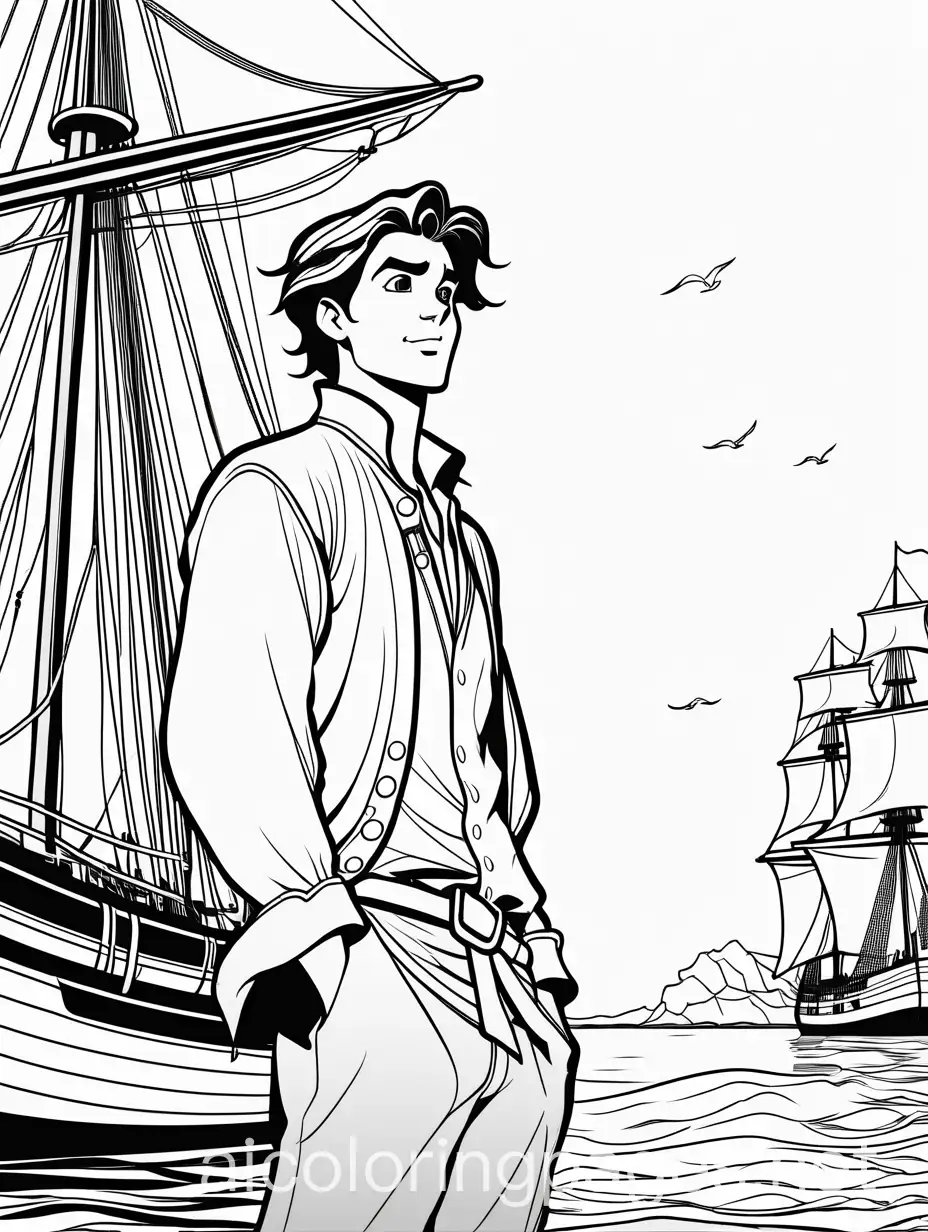 Excited-Young-Man-at-Bustling-Harbor-with-Tall-Ship-and-Billowing-Sails-Coloring-Page