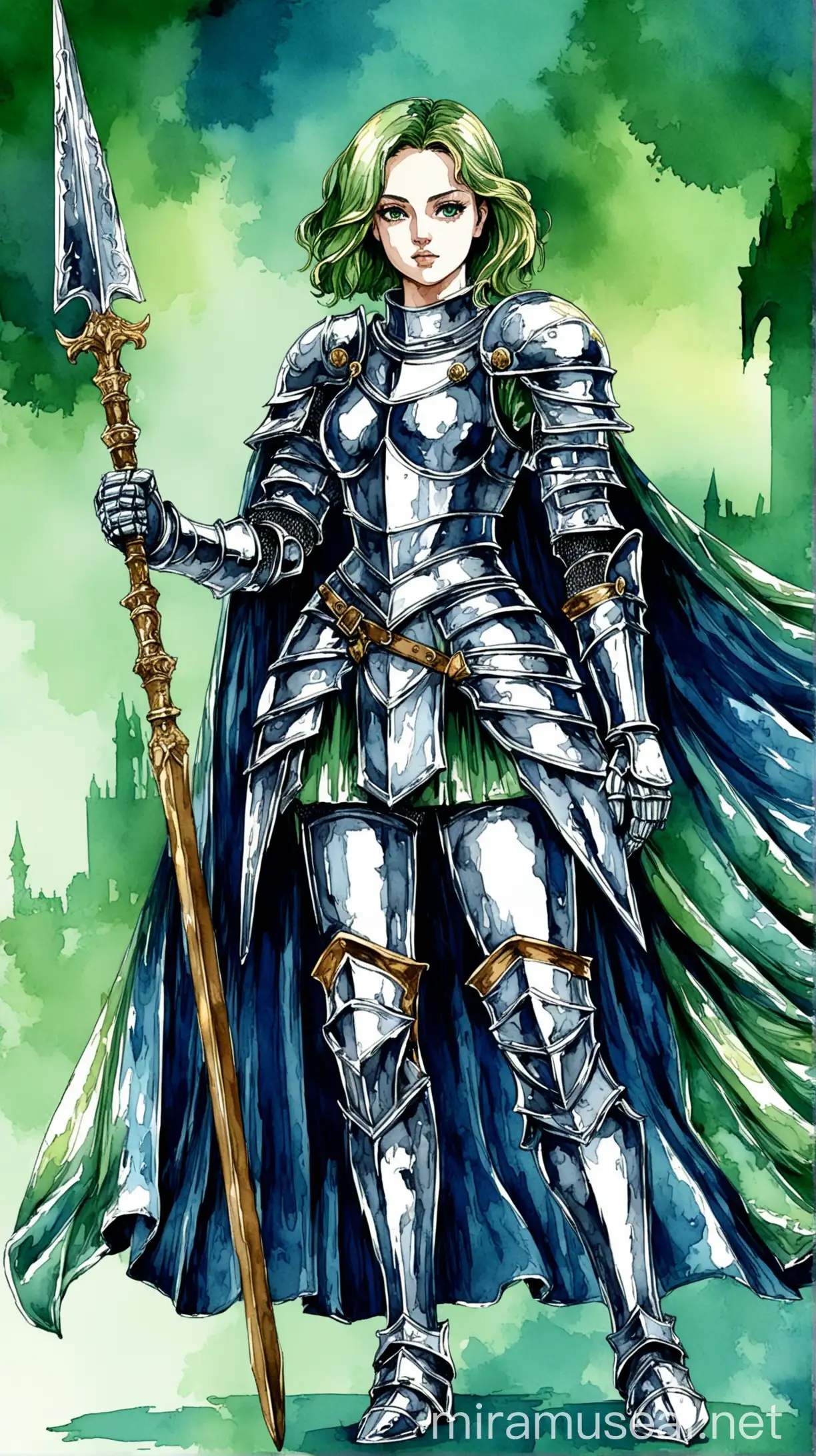 Elegant Female Knight with Spear in Enchanting Watercolor Background
