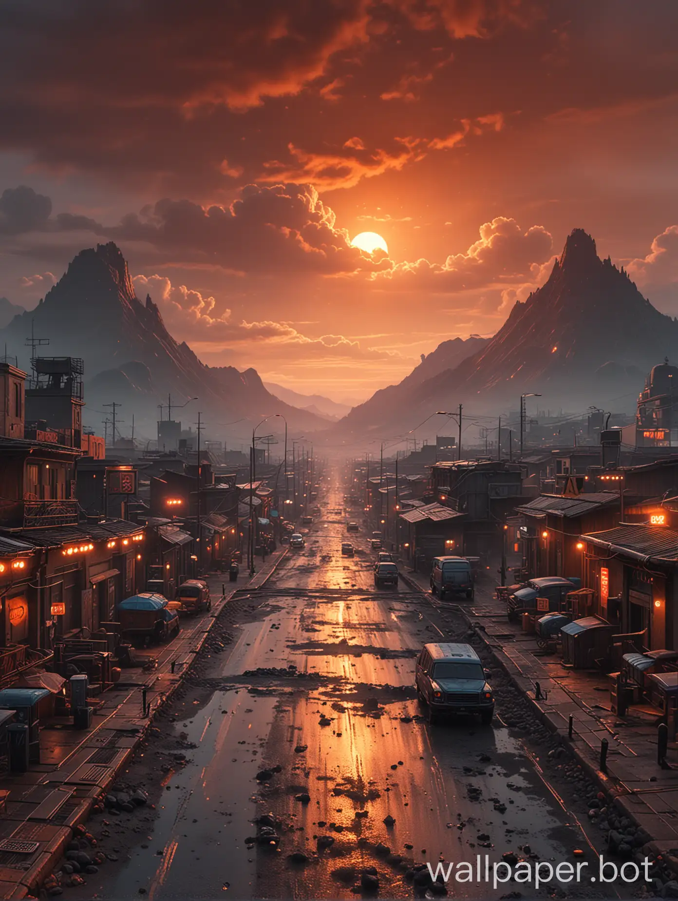 {1224-7145 View at City on Mountain, altered by Volcano sci-fi astropunk dieselpunk, Post-apocalypse, defocused Dark cloudy orange sky at smog at lava rain, street view, UHD, RTX, Bokeh Blur, artwork by Alex Grey}, ultra hd, realistic, vivid colors, highly detailed, UHD drawing, pen and ink, perfect composition, beautiful detailed intricate insanely detailed octane render trending on artstation, 8k artistic photography, photorealistic concept art, soft natural volumetric cinematic perfect light