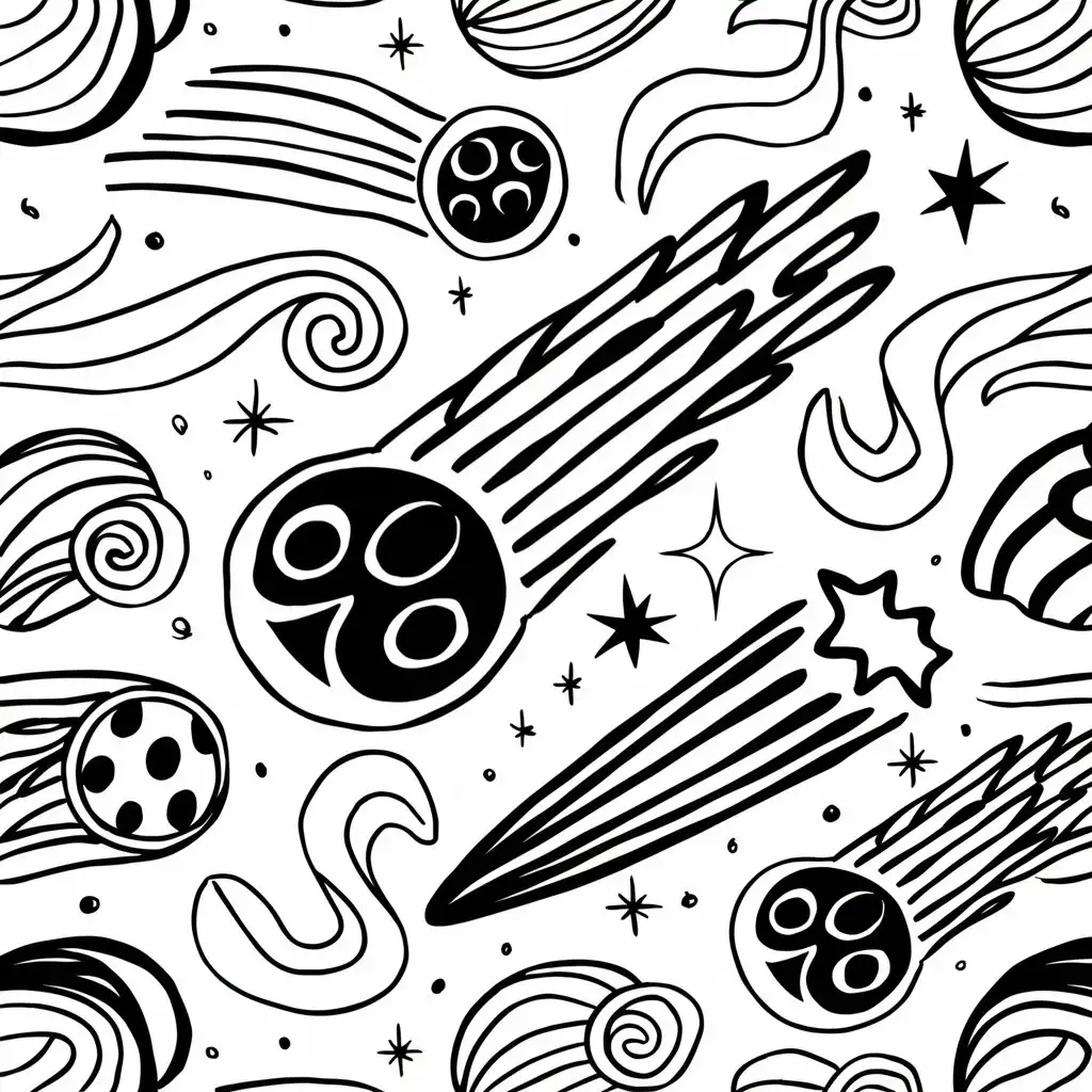 Celestial Comets Pattern Coloring Page Intricate Black and White Design