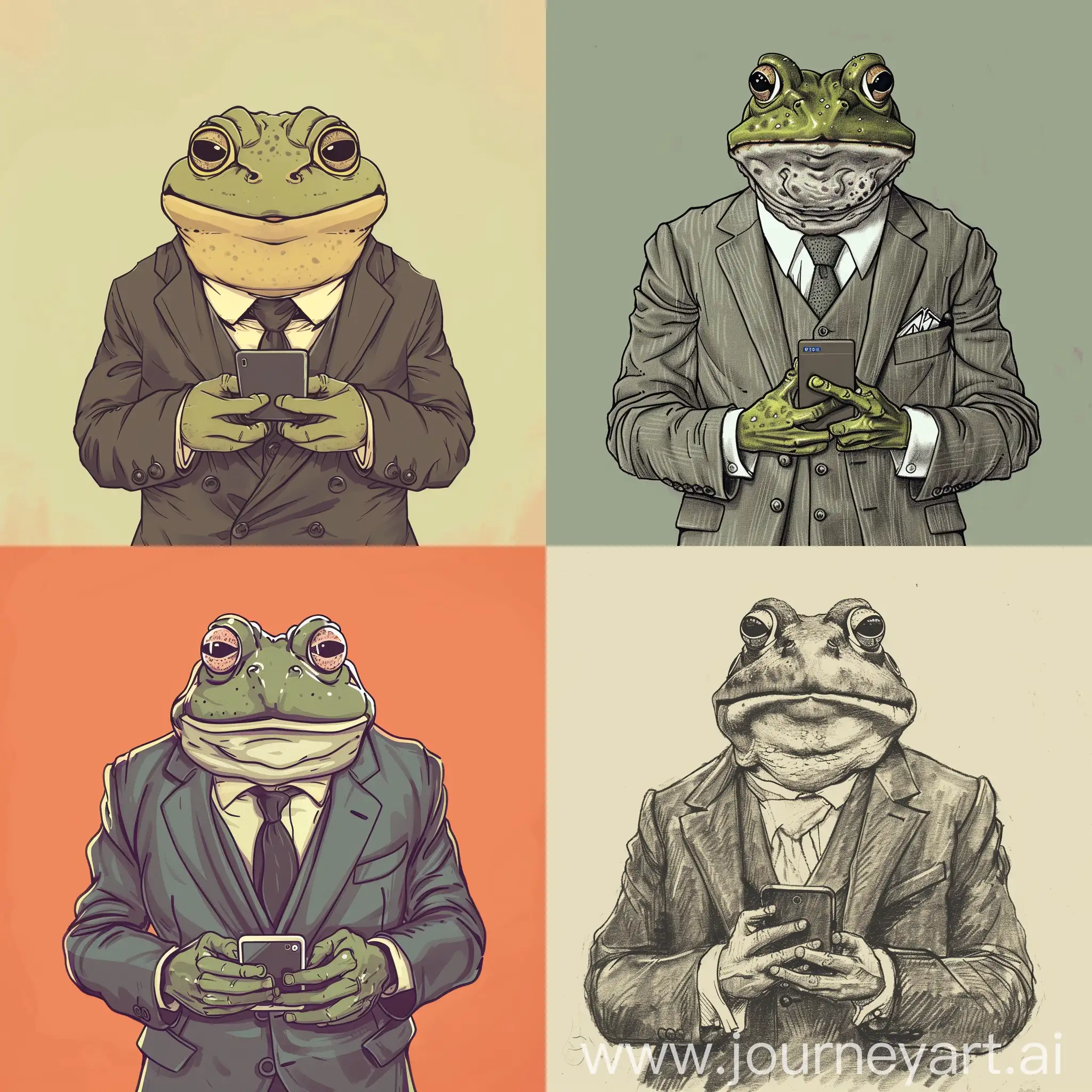 Draw a PEPE frog in the image of Andrew Tate. The frog should be dressed in a strict suit, have a serious expression on his face and hold a smartphone in his hands