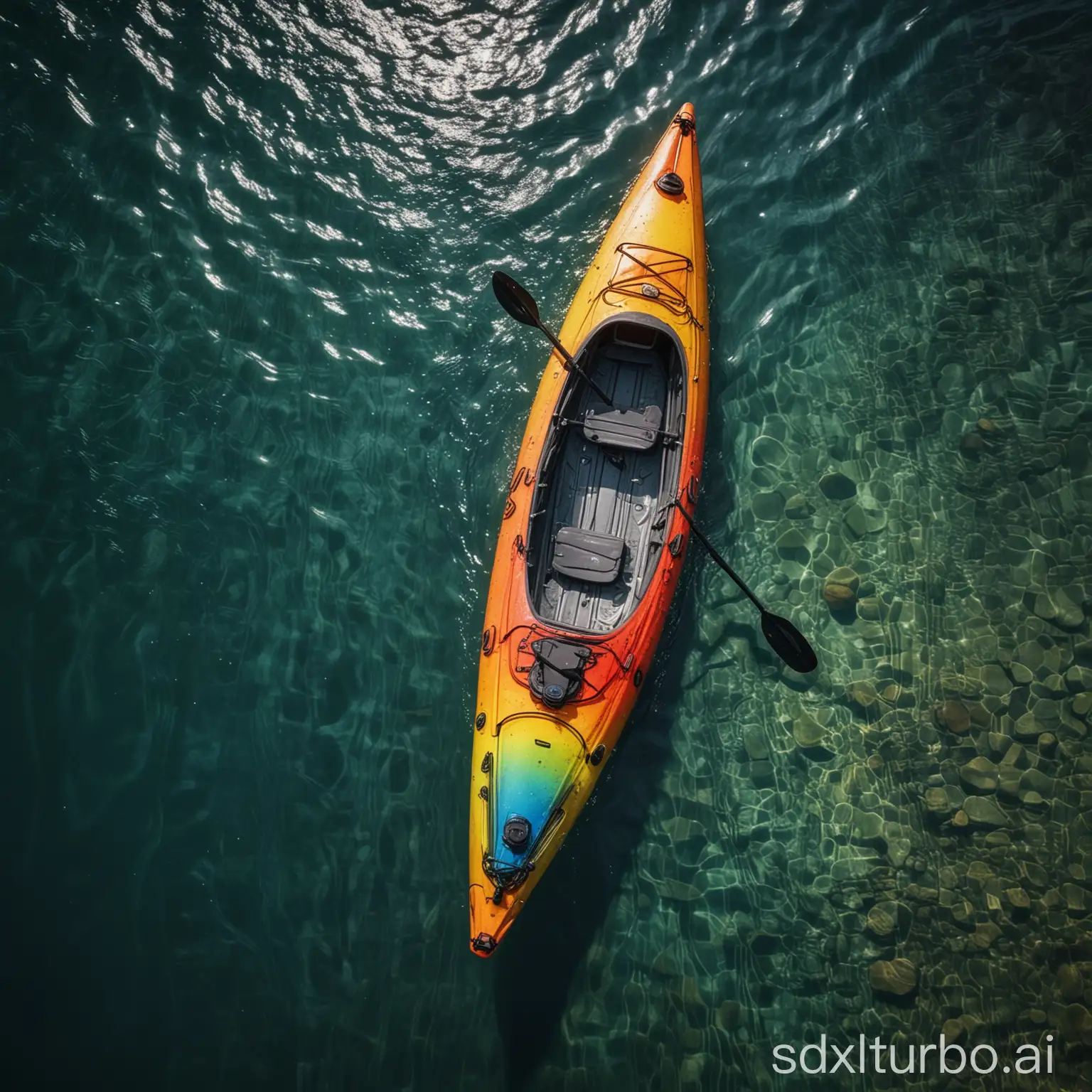 a kayak in the water, in the style of optical color mixing, aerial view, rainbowcore, national geographic photo, 8k resolution, crayon art, interactive artwork