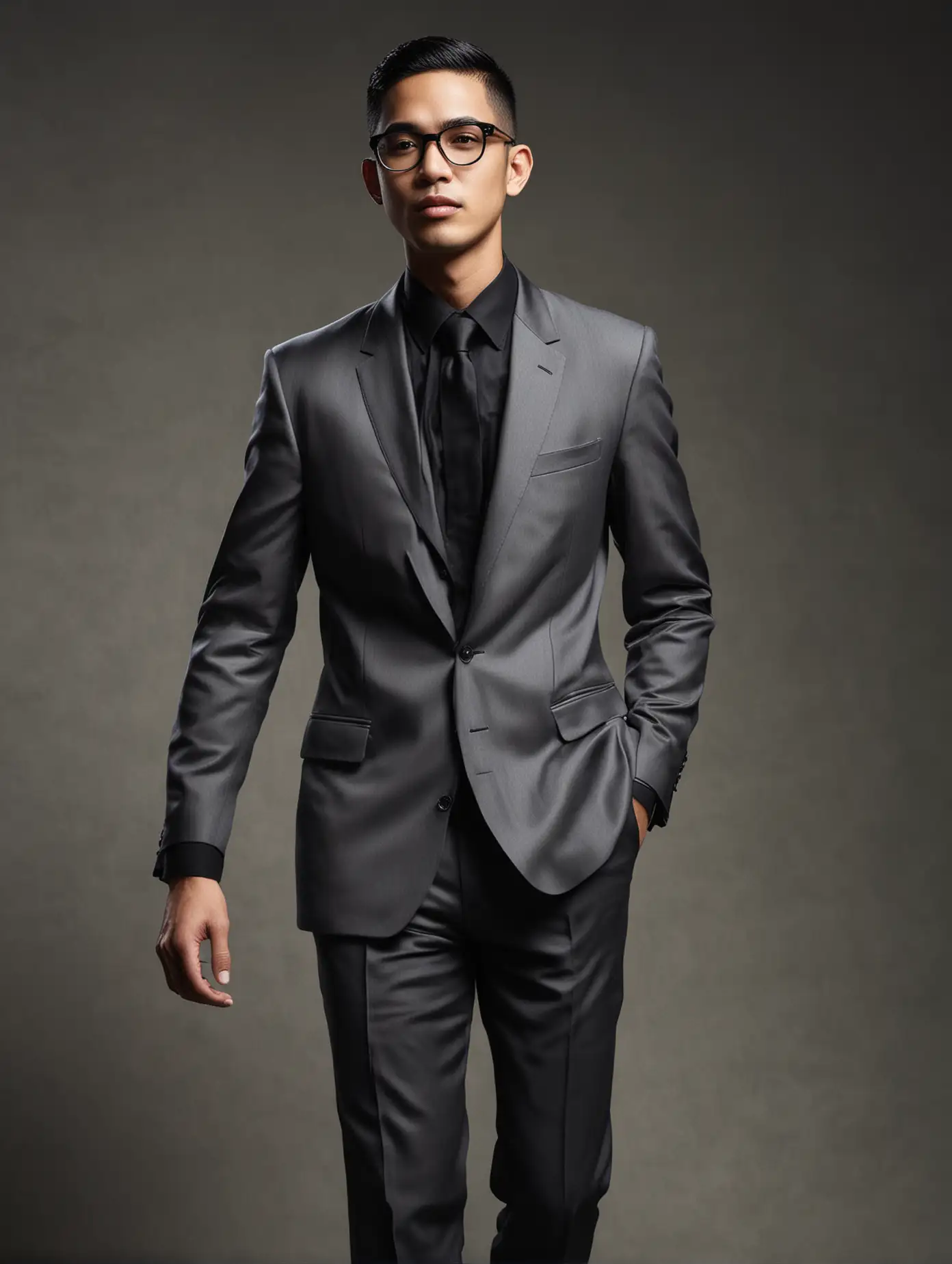 Generate a Southeast Asian man with black, less wavy hair styled in a buzz cut, wearing clear white glasses and a black formal suit. The man is posed in an elegant walking stance for a studio formal portrait. The background should be flat, and the overall style should resemble Annie Leibovitz's photography, known for its dramatic and intimate portrayals. The man should exude confidence and elegance, with a timeless quality that captures the essence of a classic portrait.
