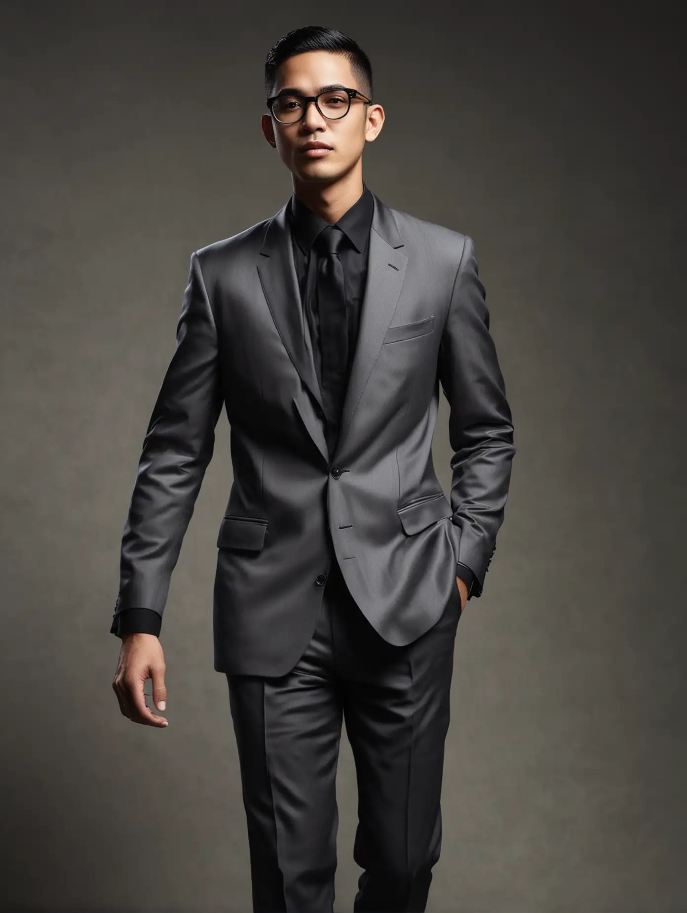 Generate a Southeast Asian man with black, less wavy hair styled in a buzz cut, wearing clear white glasses and a black formal suit. The man is posed in an elegant walking stance for a studio formal portrait. The background should be flat, and the overall style should resemble Annie Leibovitz's photography, known for its dramatic and intimate portrayals. The man should exude confidence and elegance, with a timeless quality that captures the essence of a classic portrait.