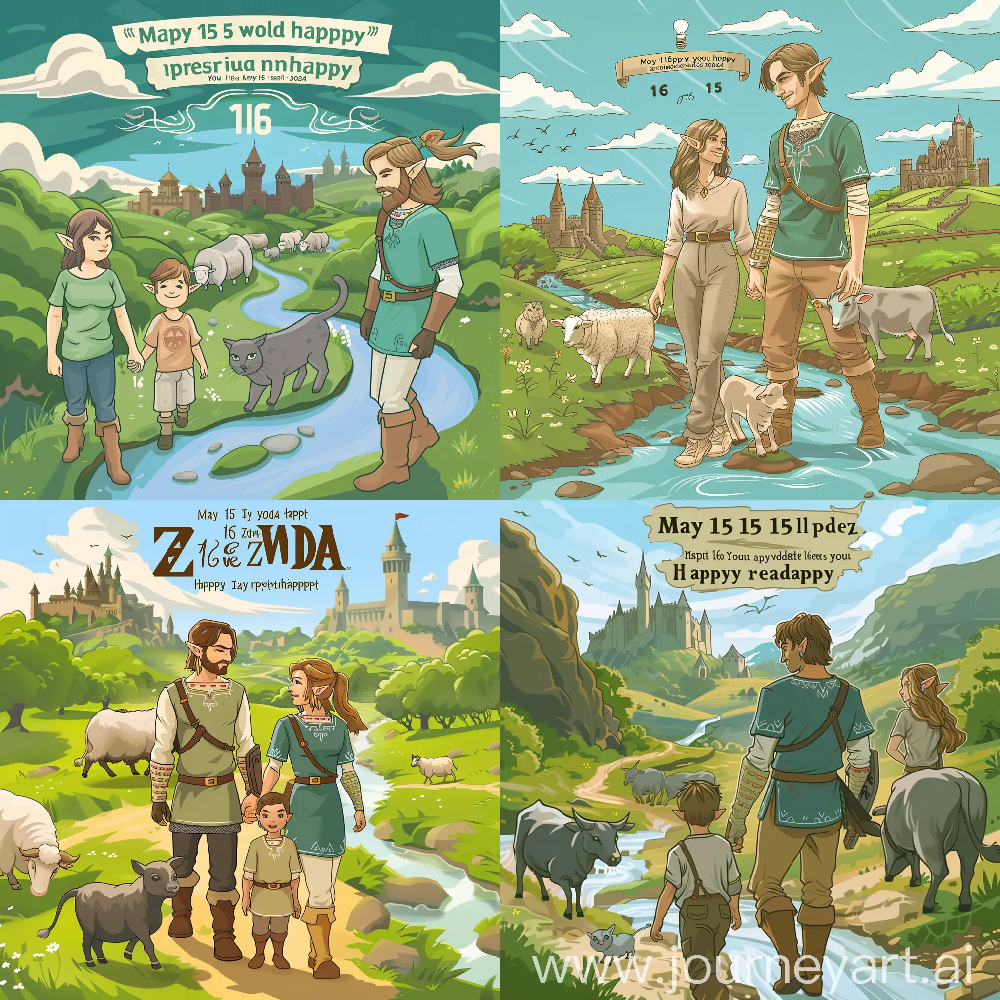 You are an excellent graphic designer. May 15th is the 16th wedding anniversary of my wife and me. Please help me generate a Zelda style picture to celebrate our love, and write a short message on the picture"May 15th 2024,Happy 16th wedding anniversary ,you are my greatest happiness" ,In the distance are castles, streams and walking cattle and sheep，and a son beside mom，and a gray cat with the family
