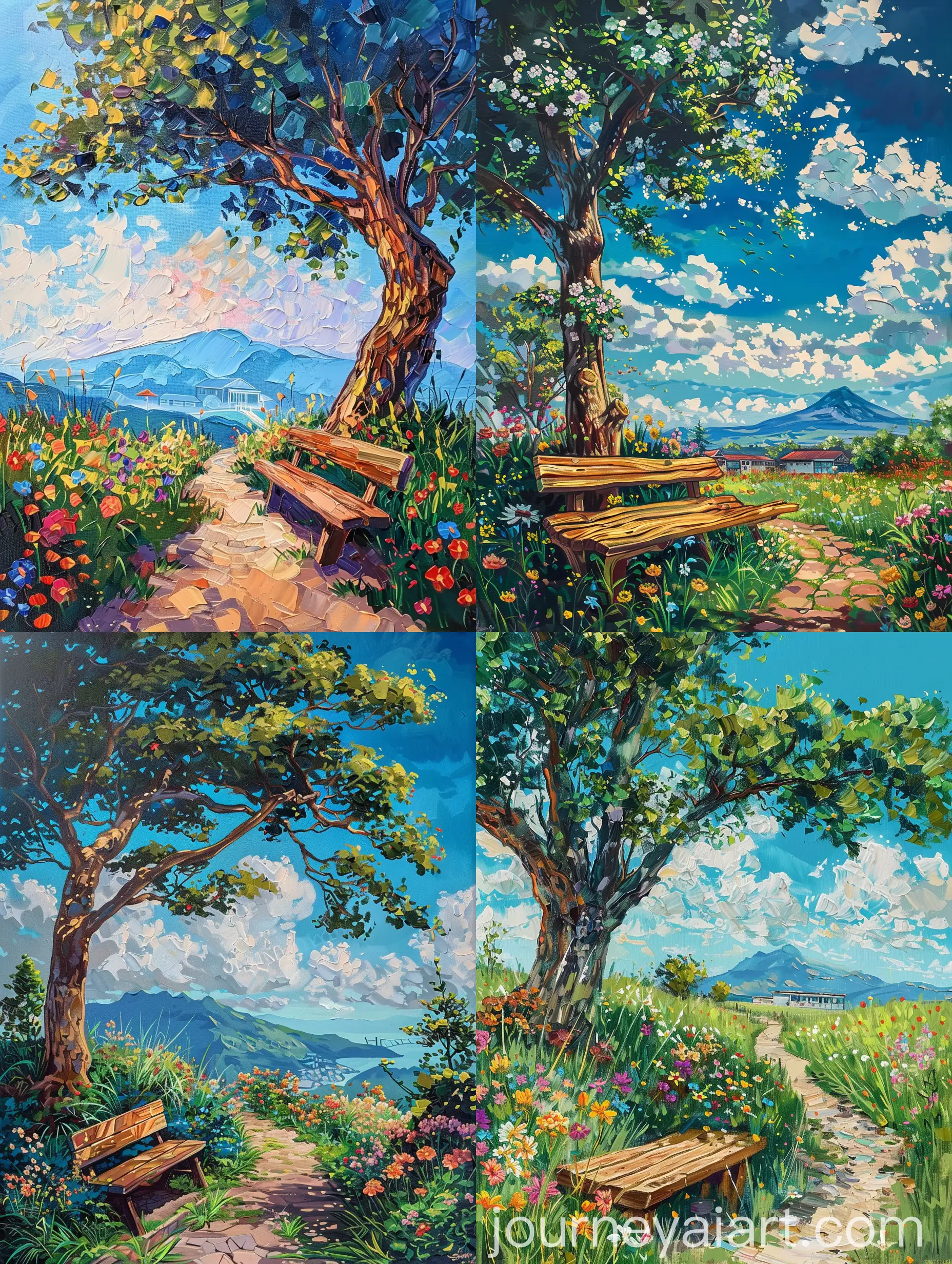 Abstract oil painting ofa wooden bench below the tree,a pathway leading to a school,flowers,grasses,far background is mountain,blue sky,anime style of tall fluffy white cloudsfully detailed,shadows,vivid
