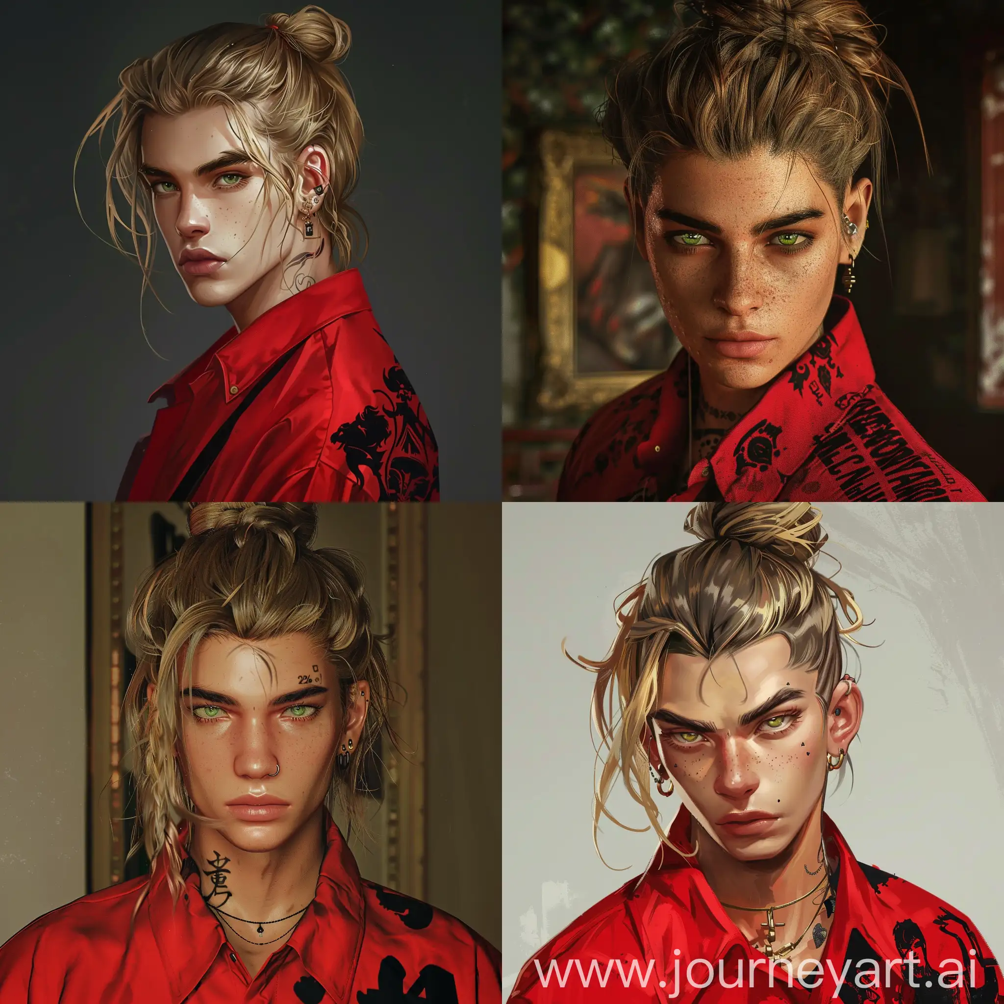 mafia boss, around 20 years old guy with blonde hazel hair, green eyes tied in a bun with some hair remaining loosen. Red shirt with heavy black print on the right side, rich attire. Pierced ears. a little feminine face features